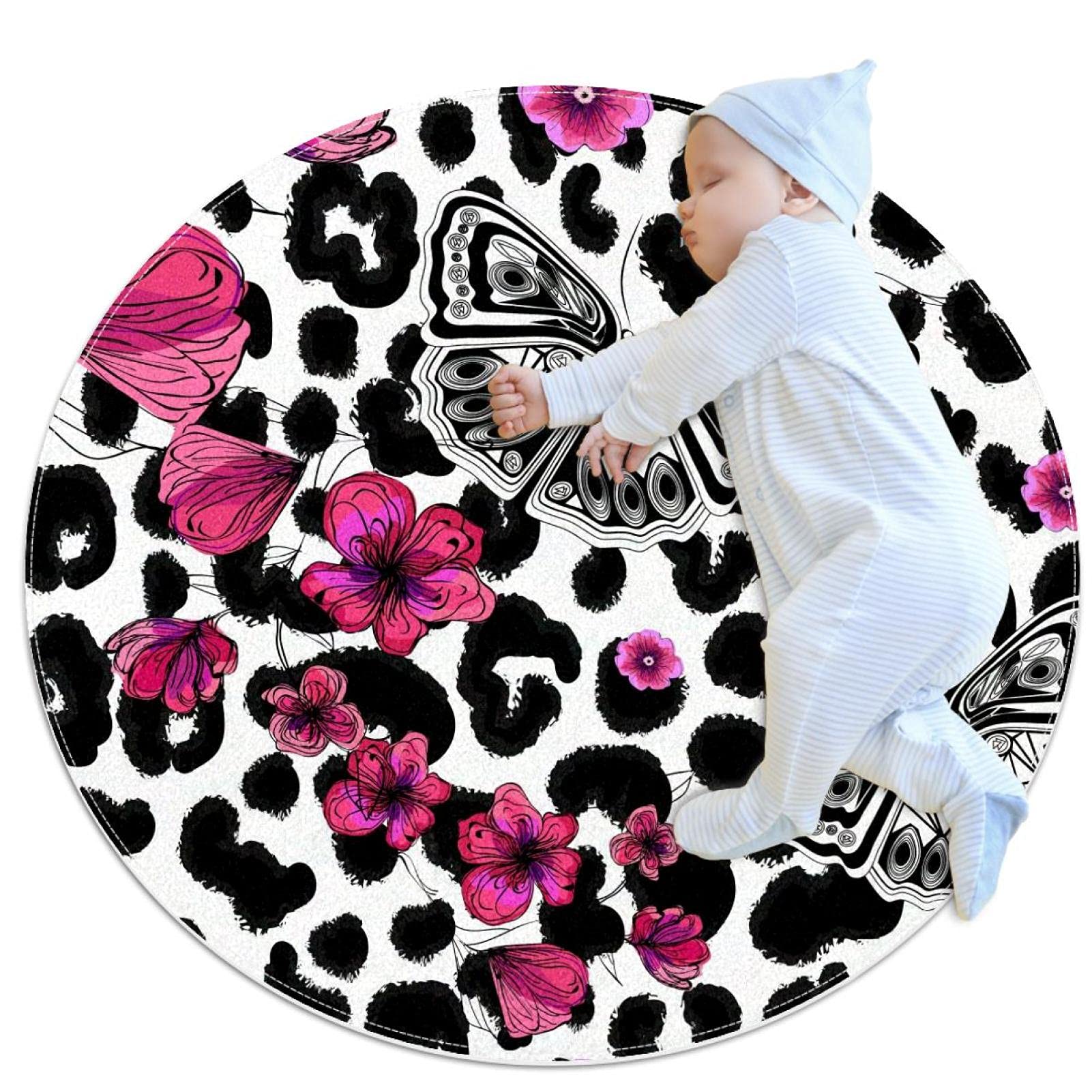 Tapis rond pour enfants JDEZ avec papillons et fleurs motif léopard chambre fille garçon