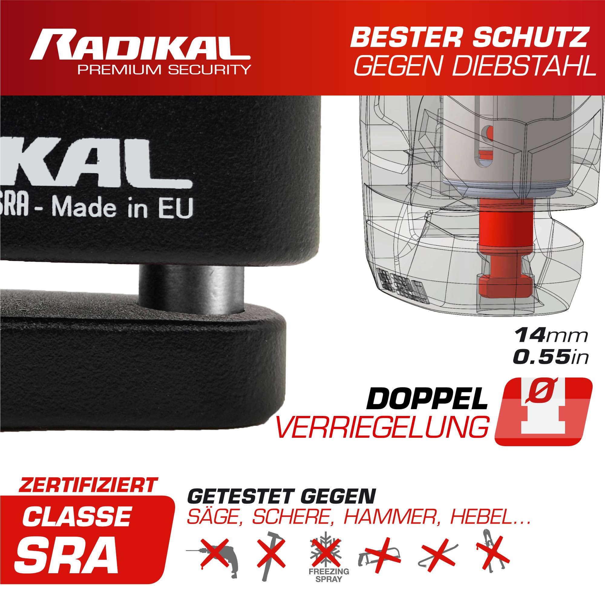 RADIKAL RK15 Bremsscheibenschloss Premium mit Alarm | Aktivierung nach Wahl, 120 dB, LED Warnung Voralarm | Motorrad Schloss SRA-zertifiziert, aus zementiertem Stahl, Doppelverriegelung Ø14, Rot