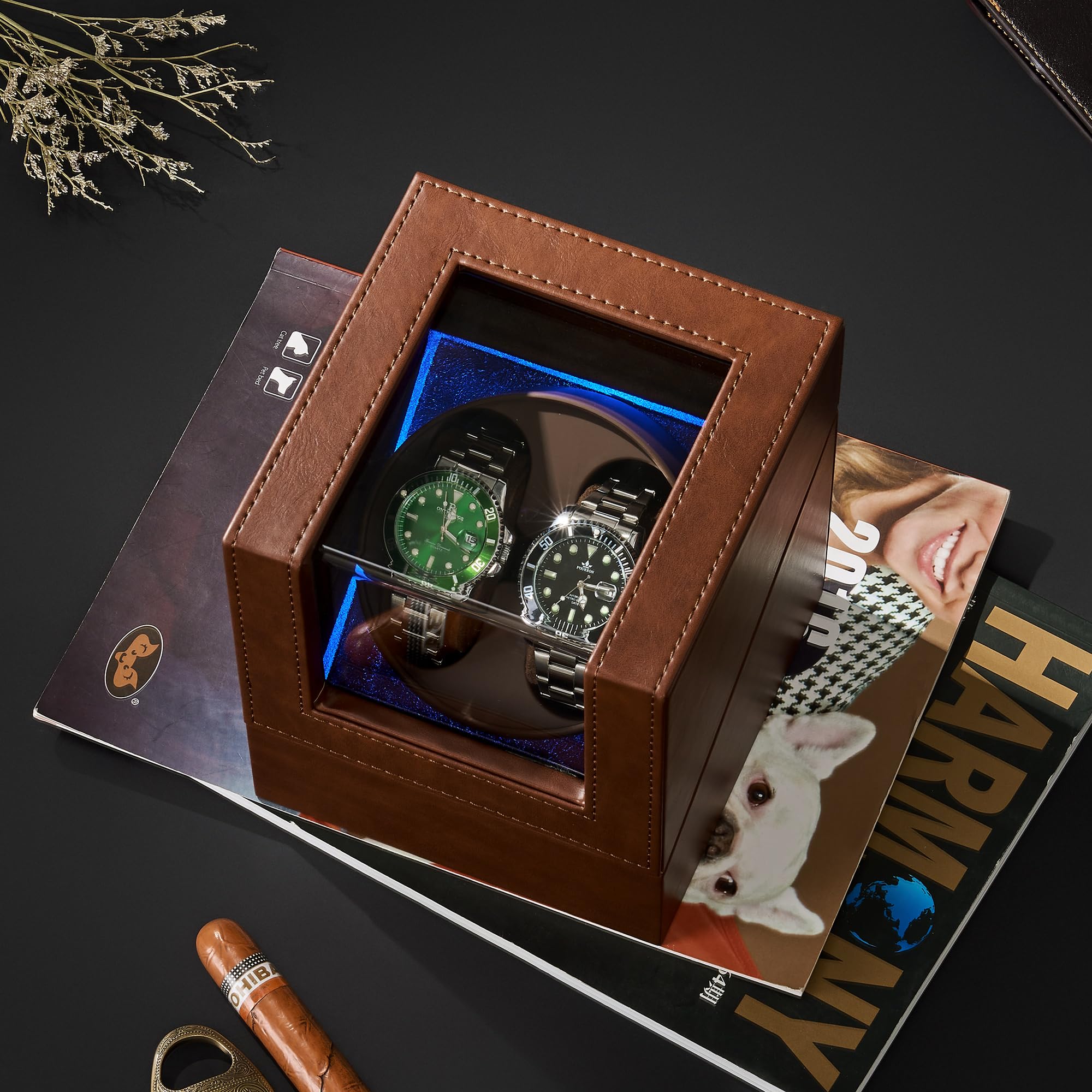 ANWBROAD Updated Double Watch Winder for Automatic Watches Watch Rotator with Super Quiet Motor Flexible Watch Pillows LED Backlight Watch Turner Watch Shaker 5 Modes Battery or USB UJWW001T