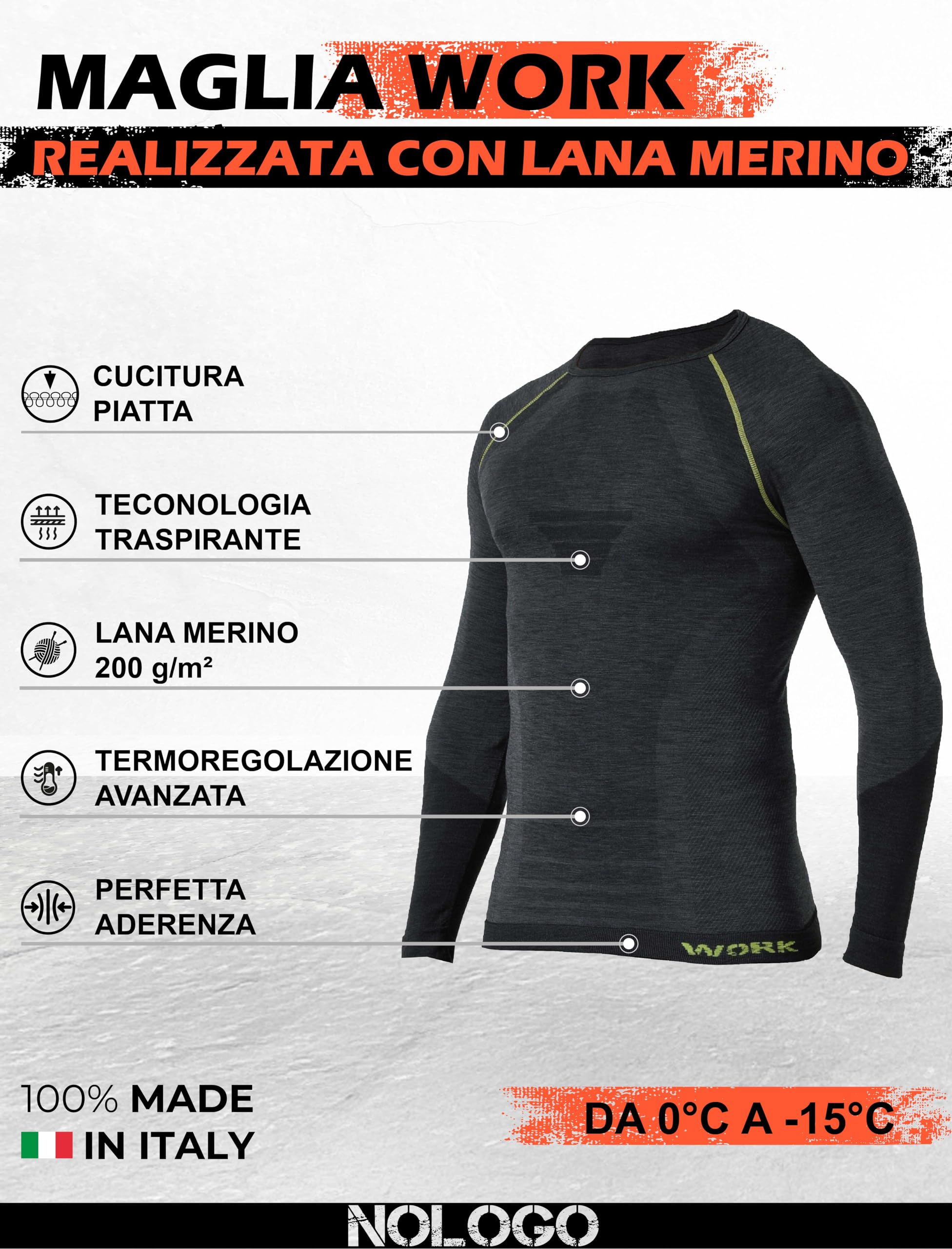Maglia Termica Uomo Manica Lunga Lana Merino - Intimo Termico Uomo Invernale da Lavoro, Lupetto Elasticizzato, Senza Cuciture, Traspirante e Termoregolante - Made in Italy