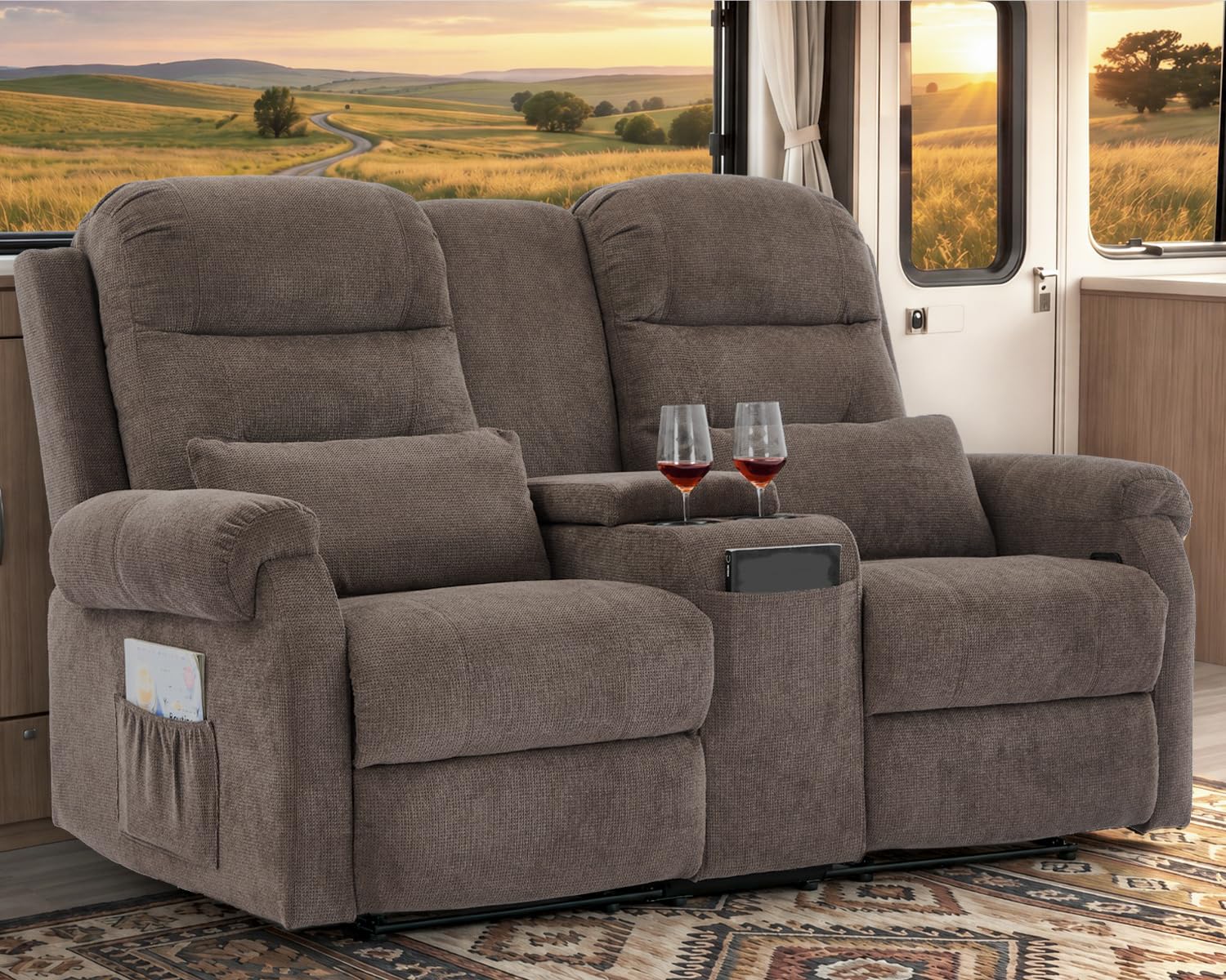 RV Loveseat Recliner, Manual Reclining Loveseat with Center Console, 2-Seater RV Recliner Sofa with Cup Holders, Reclining Couch for RV, Camper &amp; Living Room