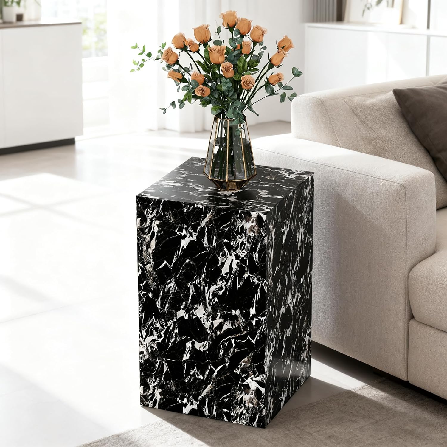 Modern Marble Side Table, 20" Small Square End Table for Living Room, Bedroom, Exhibition Hall, Suitable for Displaying Vases, Statues, Table Lamps, etc.(MAXCAP: 90 Lbs) Napoleon Black