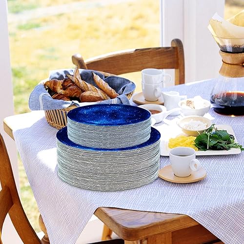 Miniatura 6 de Juego de 50 platos de papel de galaxia estrellada de 9 pulgadas, platos de postre de estrella de 7 pulgadas para temática del espacio exterior, baby