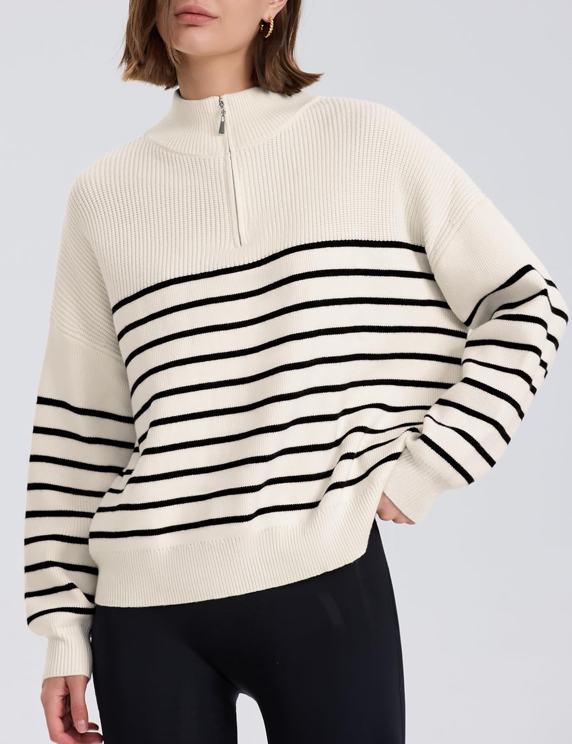 PrettyGuide Women's Long Sleeve Quarter Zip Oversized Pullover Striped Sweater Casual Mock Neck Loose Ribbed Knit Tops - Image 8