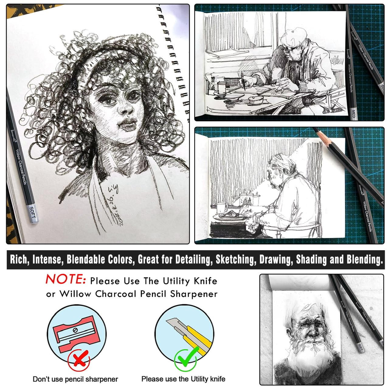 Brusarth Professional Charcoal Pencils Drawing Set - 8 Pieces Soft Medium and Hard Willow Charcoal Pencils for Drawing, Sketching, Shading - Image 5