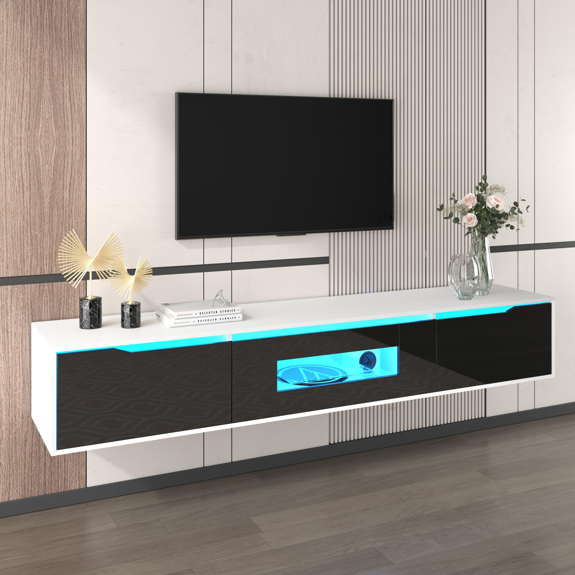 Merax High Gloss TV cabinet, TV Stand Storage Sideboard with 3 Door, 16 colors LED light, Wall Mounted/Floor Mounted, for 50 inch TV, Black/180 x 35 x 30 cm โ image 1