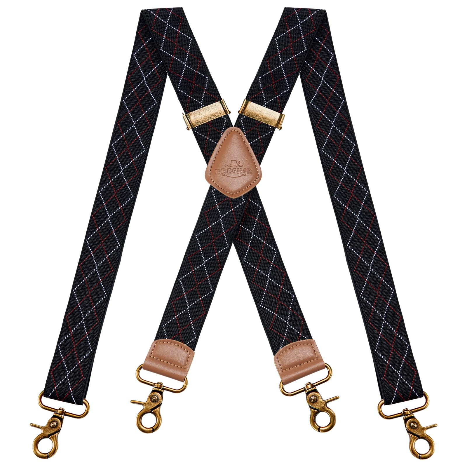 Dresime Mens Braces for Trousers with Strong 4 Hook-Clips, Vintage Suspenders Braces for Men & Women Heavy Duty Elastic Adjustable X Shape