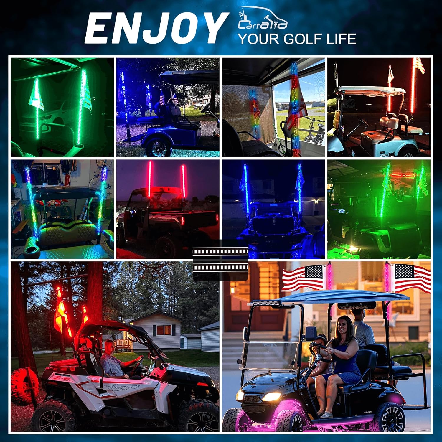 2 Pack 3FT Golf Cart Flag Pole Whip Lights, Only Fit 1.0" Square Rail, LED Light Bluetooth App & Remote Control, Lighted with Turn Reverse Brake Signal for 36V/48V/72V (Included DC Converter)