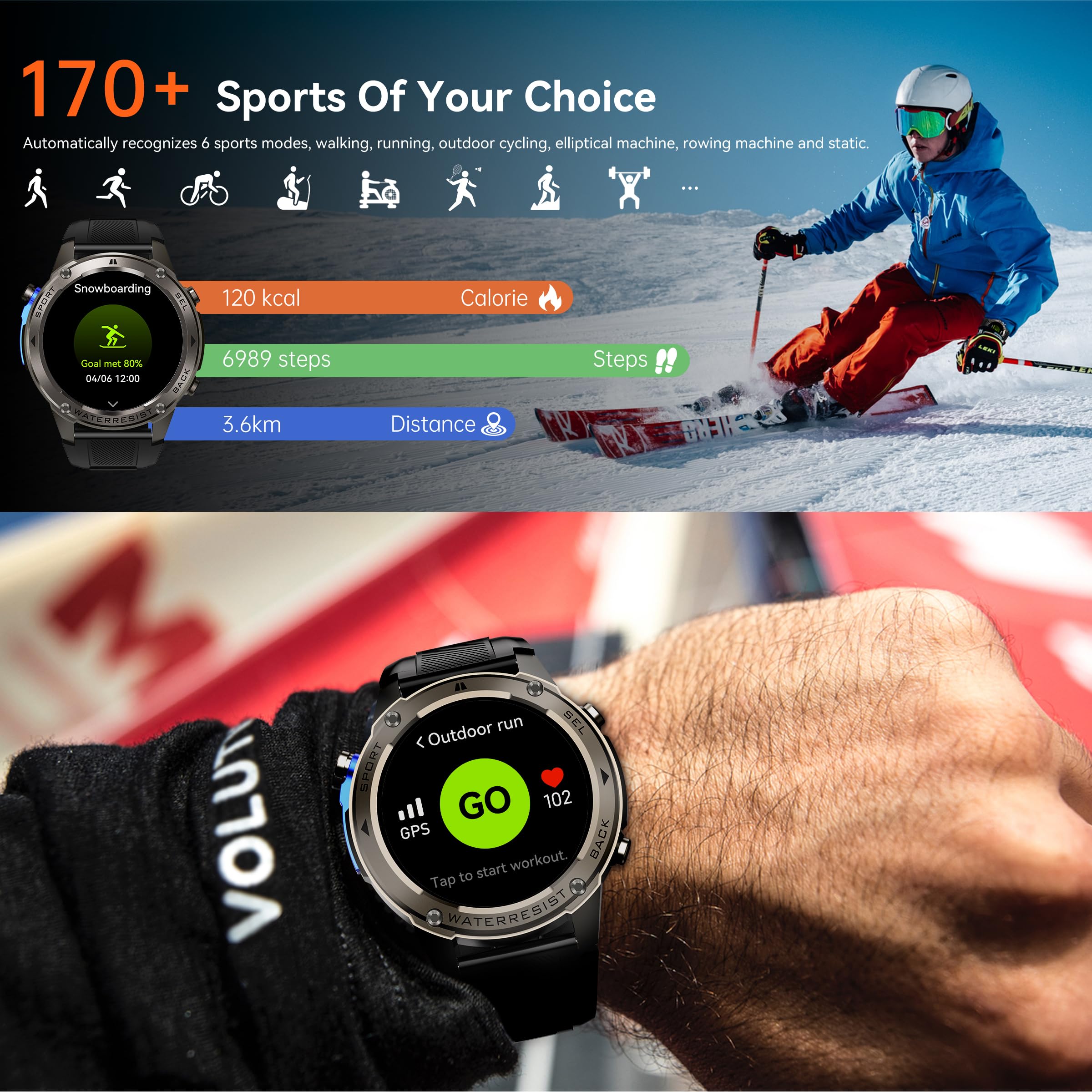 Orologio intelligente con GPS, orologio da corsa, stile militare, con Bluetooth, cardiofrequenzimetro, contapassi, barometro, bussola, per telefoni Android e iOS