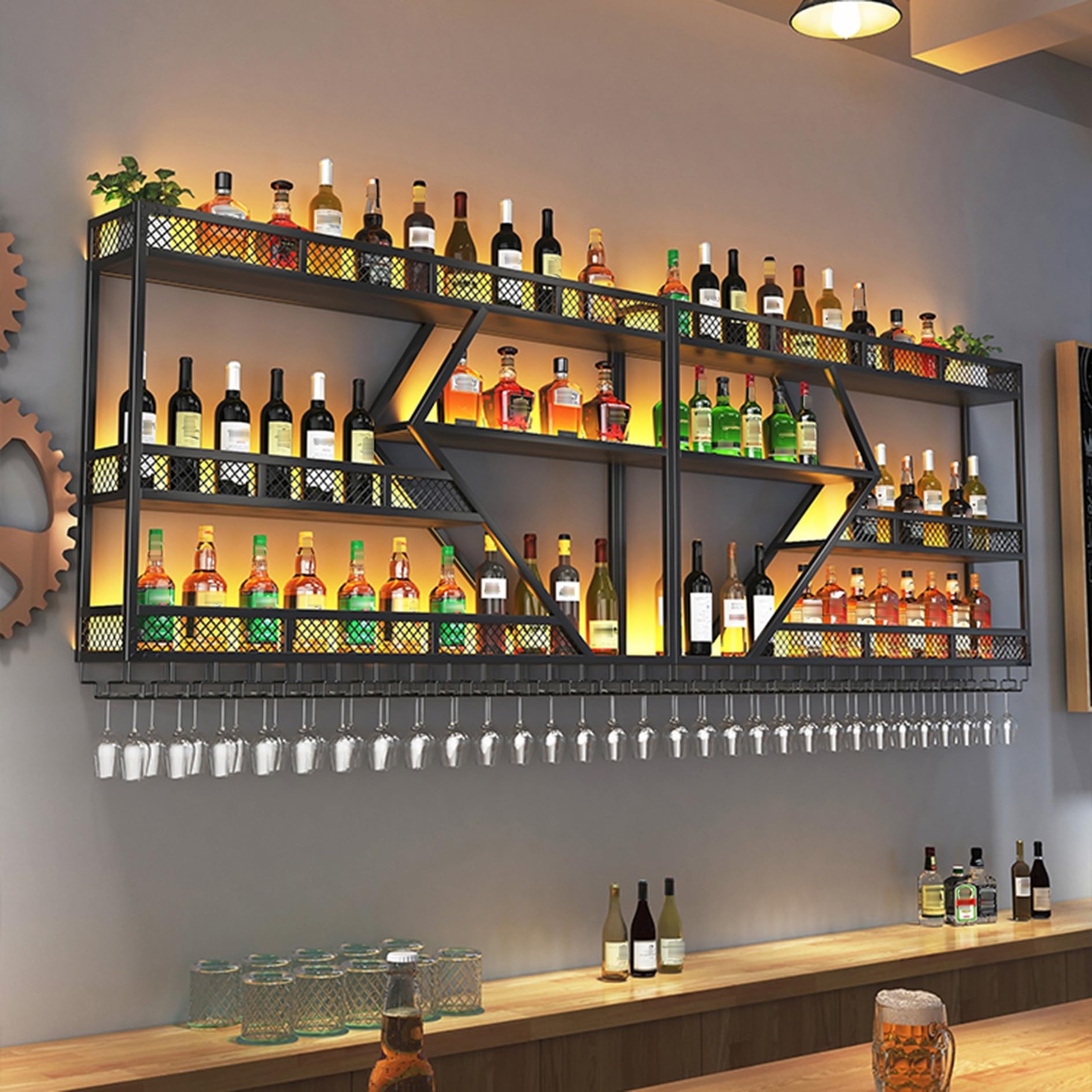 Botellero de Montaje en Pared,Garrafeira de vino Mueble Botelleros,Estante para Botellas de Vino con luz LED,Enfriador de Vino Montado en la Pared,Estantería de Hierro de Estilo Industrial,Cocina,Bar