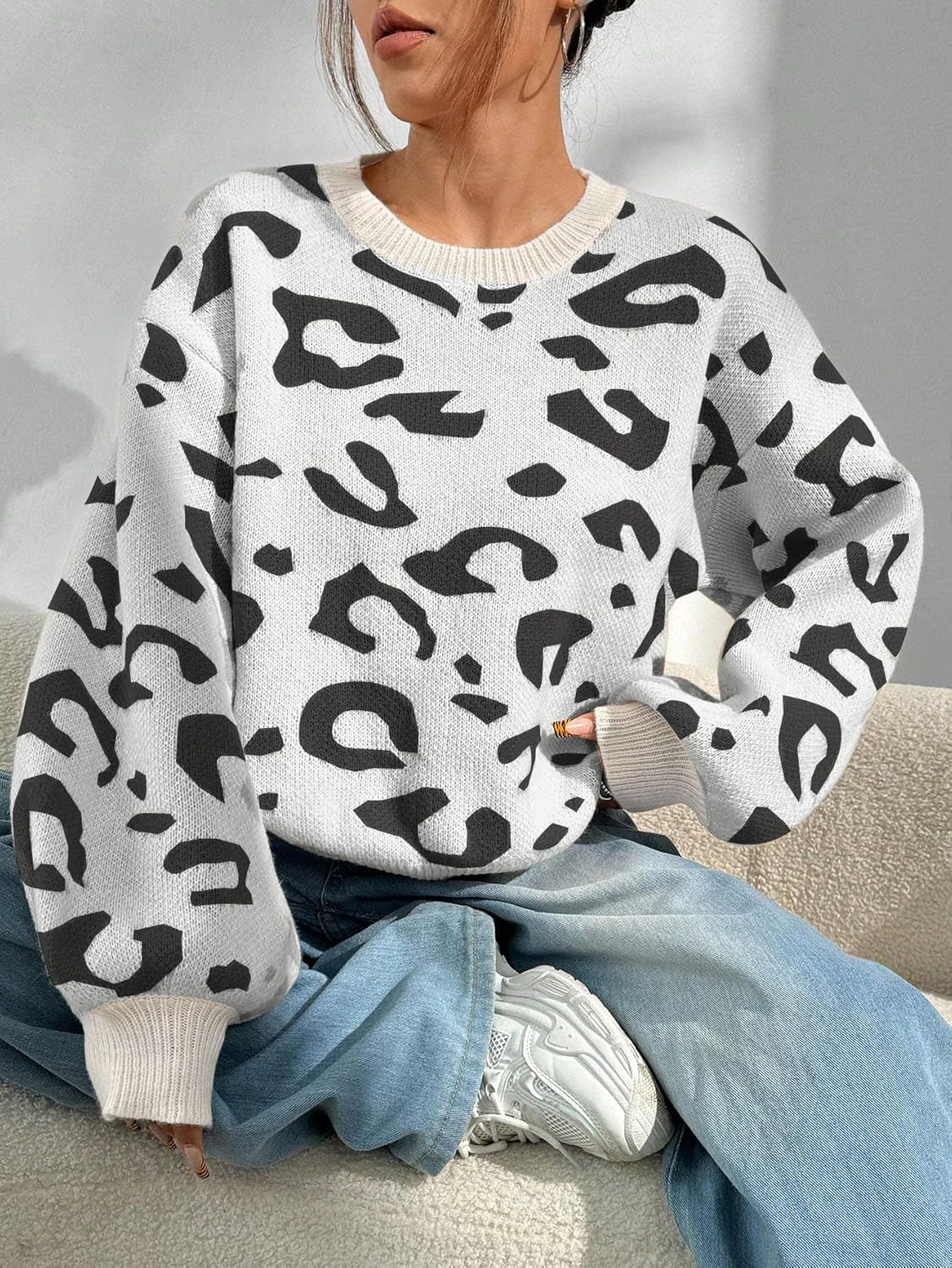SHENHE Women's Vintage Leopard Print Crew Neck Drop Shoulder Loose Knit Pullover Sweater - Image 3