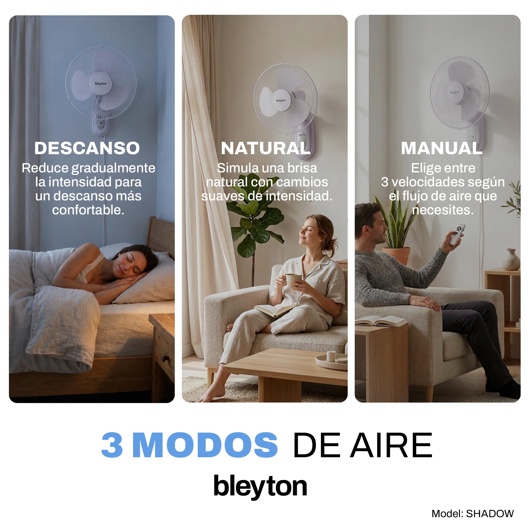 BLEYTON Shadow, Ventilatore da parete silenzioso con telecomando, 40 W, con telecomando, 3 velocità, timer e 3 modalità di funzionamento, oscillazione orizzontale a 180° e verticale