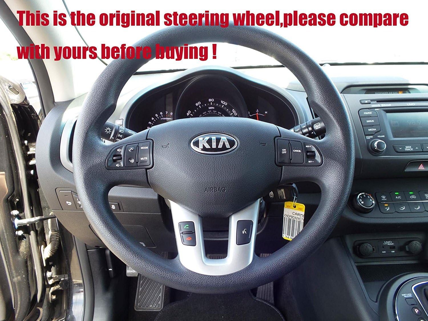 Loncky Black Leather Custom Fit Car Leather Steering Wheel Cover Compatible with Kia Sportage 2011 2012 2013 2014 2015 2016 Accessories