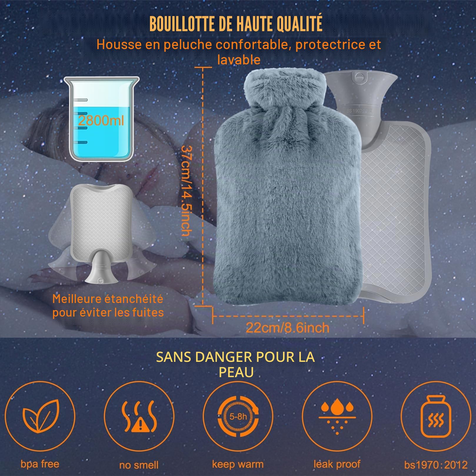 Bouillotte Eau Chaude 2L, Bouillotte Douce avec Housse en Peluche, Soulage la Douleur - Enfant et Adulte, Antifuite en Caoutchouc, Amovible