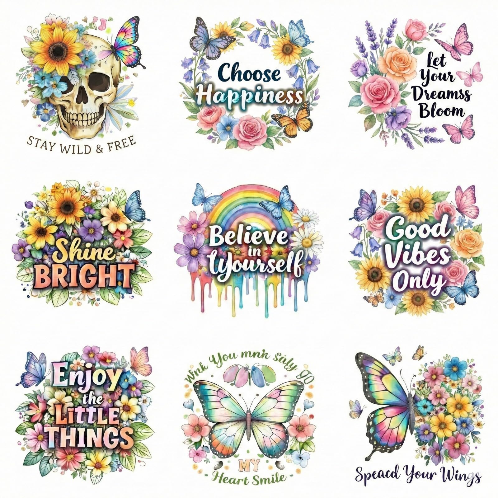 UV DTF Cup Wraps Transfer Stickers, Waterproof Decals for Mugs, Water Bottles, Laptops, Butterfly and Floral Design, 2.5x2.5 Inch, Pack of 9