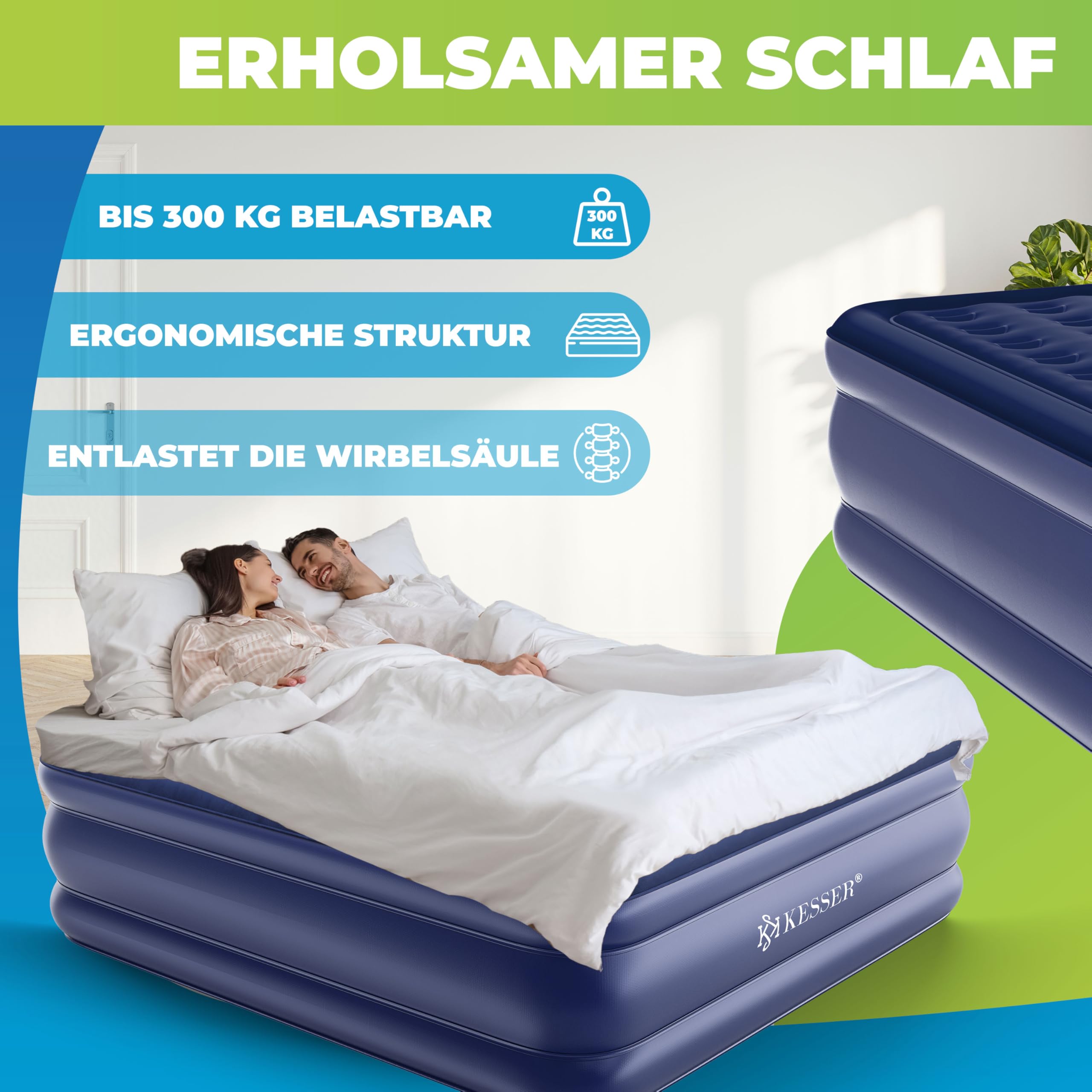 KESSER® Colchón hinchable con bomba eléctrica integrada, colchón de aire para camping o uso doméstico con bolsa, adecuado para 2 personas, 203 x 152,5 x 51 cm