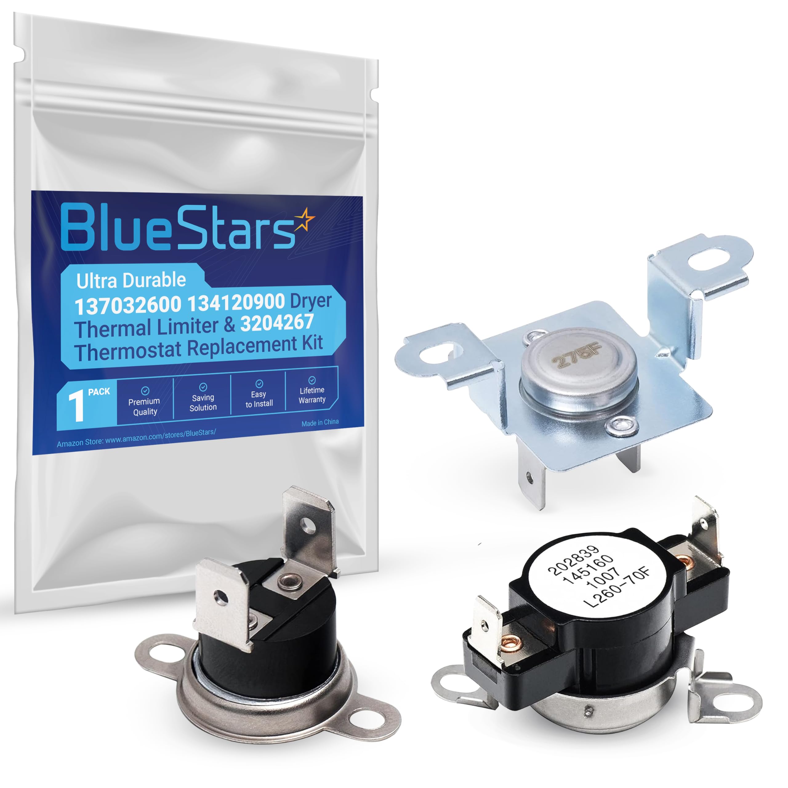 BlueStars Ultra Durable 137032600 134120900 Dryer Thermal Limiter & 3204267 Thermostat Replacement Kit - Compatible with Frigi.daire & Kenmore Dryers - Replace 3205659 1489053 AP4368739