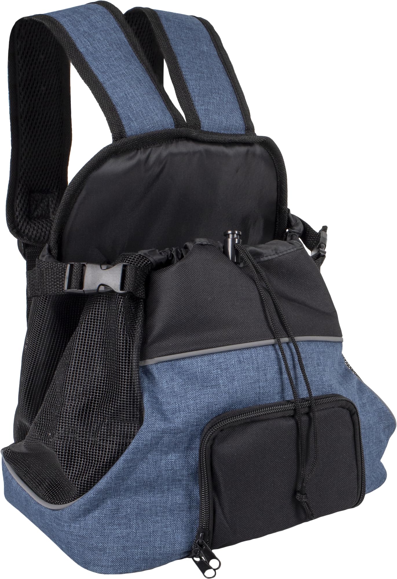 Hunderucksack - Bauchtrage Sybil Blau – 29x23x38cm – Polyester – Reflektoren – Rückenverstärkung – Abnehmbarer Boden – Sicherheitsleine – Schulter- & Taillenriemen