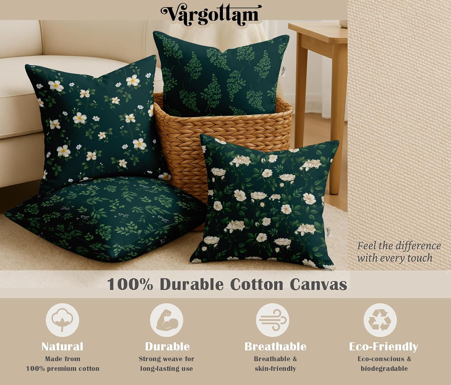 Cotton Cushion Covers Set of 4-16x16 Inch, Floral Print, Double-Sided Printed Throw Pillow Covers with Hidden Zipper - No Filler - Green