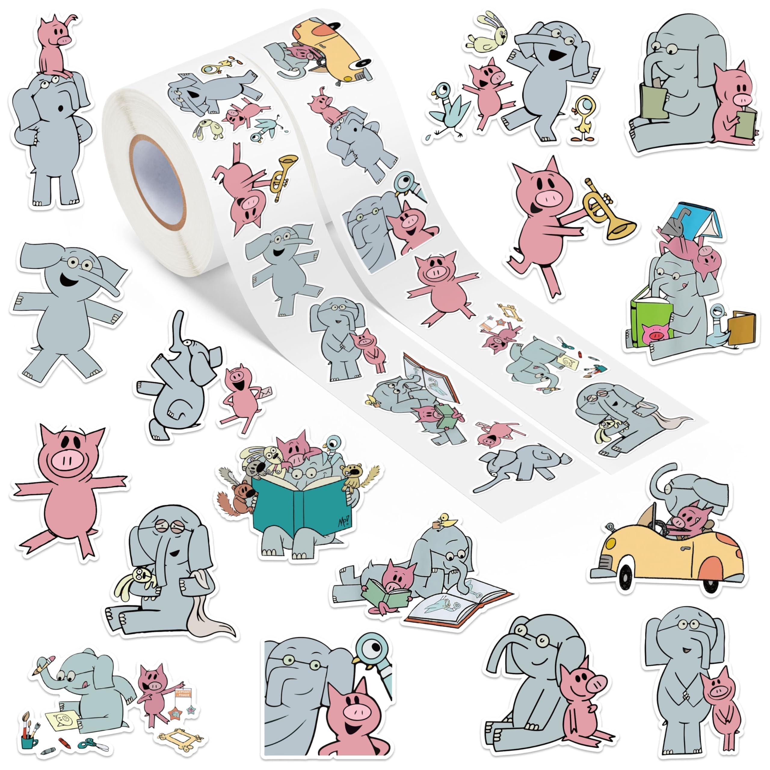 Feuid Gniea 1000Pcs Elephant Pig Stickers in 2 Rolls Back to School Animals Stickers for Kids Cute Cartoon Vinyl Waterproof Decor Decals for Classroom