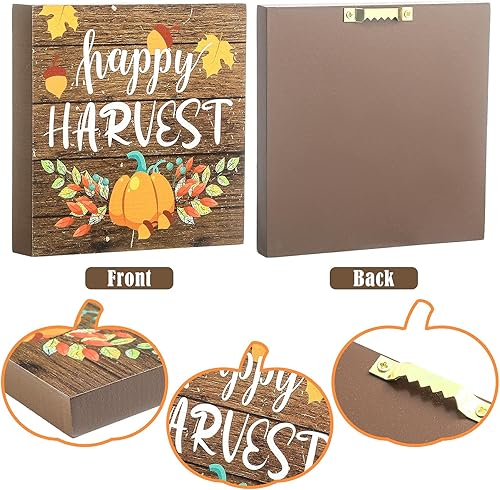Miniatura 3 de Maitys 2 piezas de letrero de Acción de Gracias con texto en inglés "Happy Harvest", diseño de calabazas, bloque de madera rústico, centro de mesa