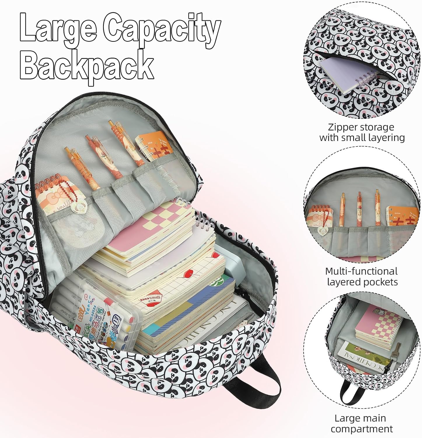 3in1 School Backpacks for Girls, kids Bookbag Set with Lunch Box and Pencil Case Laptop Backpack for Women, Elementary Middle School Bags (Panda)