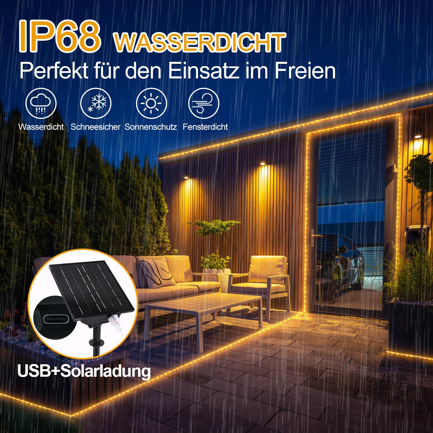 30M 1200 LEDs Solar Lichterschlauch Außen (Durchmesser: 5,5 mm), 2700K Warmweiß LED Lichterkette mit Fernbedienung & USB Port, Outdoor Lichterschlauch Außen, LED Lchtschlauch für Garten Balkon