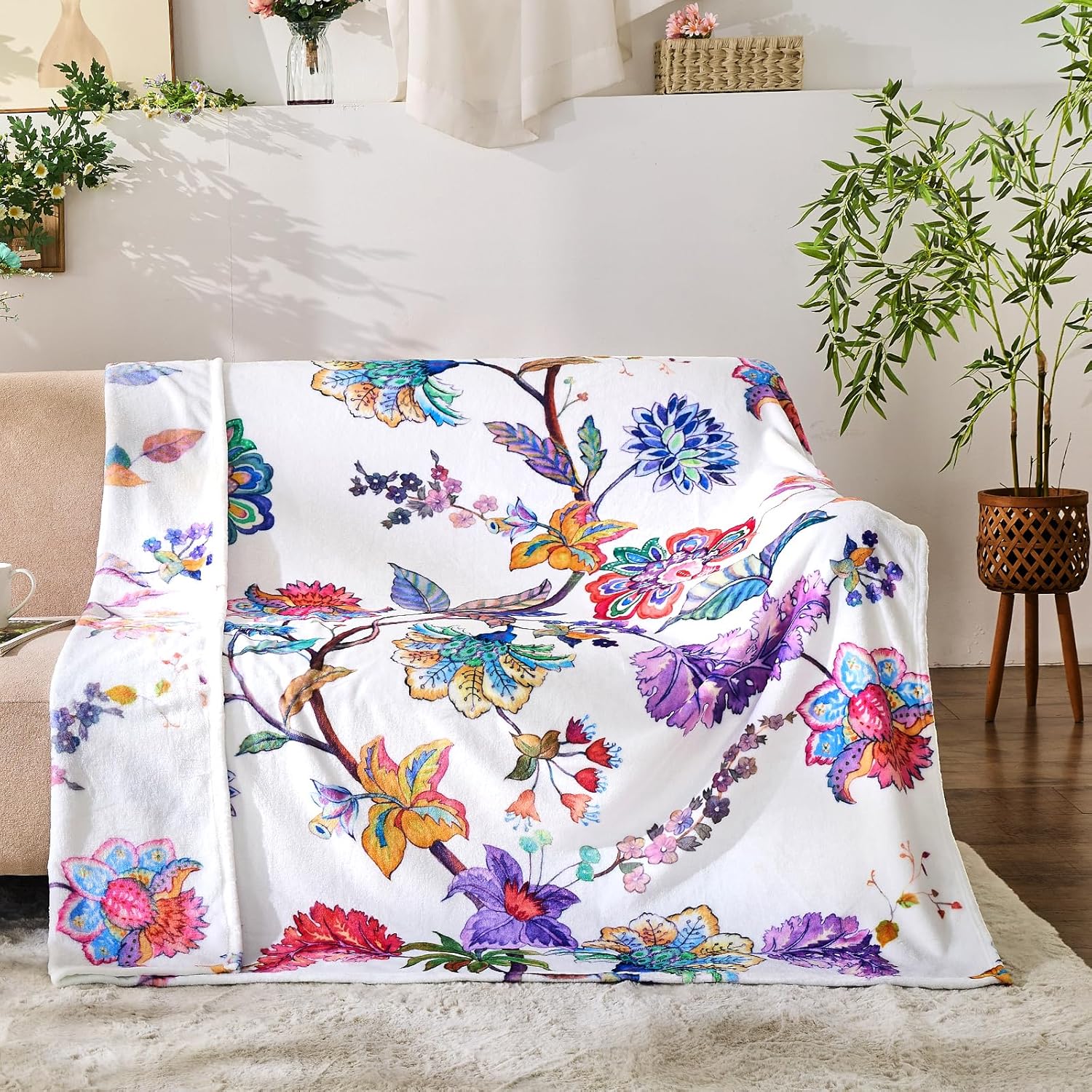 Floral Throw Blanket Birthday Gift for Women Mom Girls Peacock Flowers Blanket Summer Wildflower Flannel Blanket Watercolor Printed Throw for Couch Sofa Bed Chair 50"x60" - Image 2