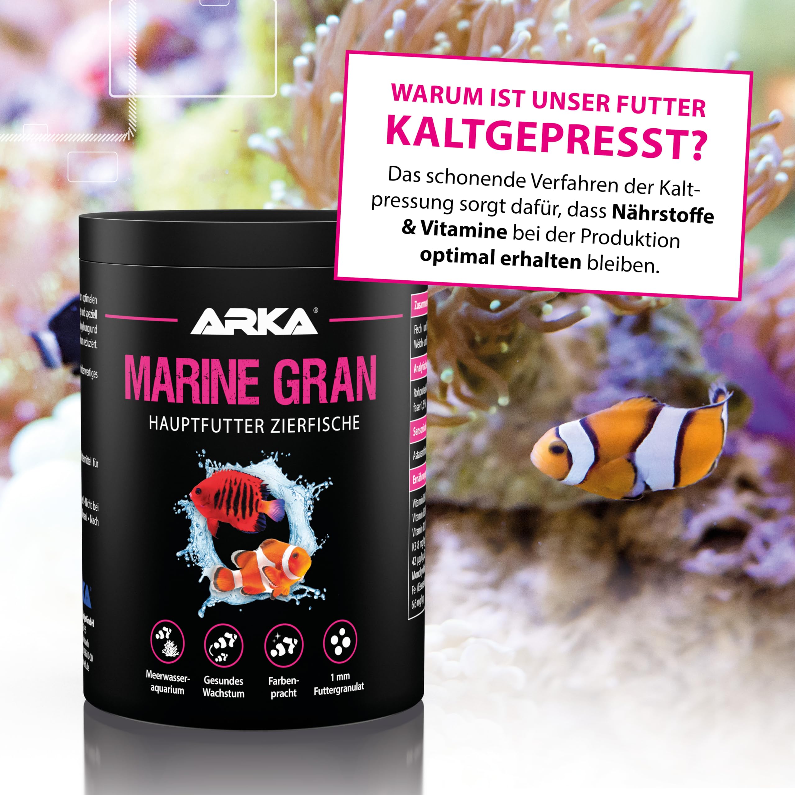 Meerwasserfische Granulat 1000 ml / 550 g – kaltgepresstes Soft-Granulat als Hauptfutter – für Farbenpracht, Wachstum & Vitalität – ARKA Marine Gran