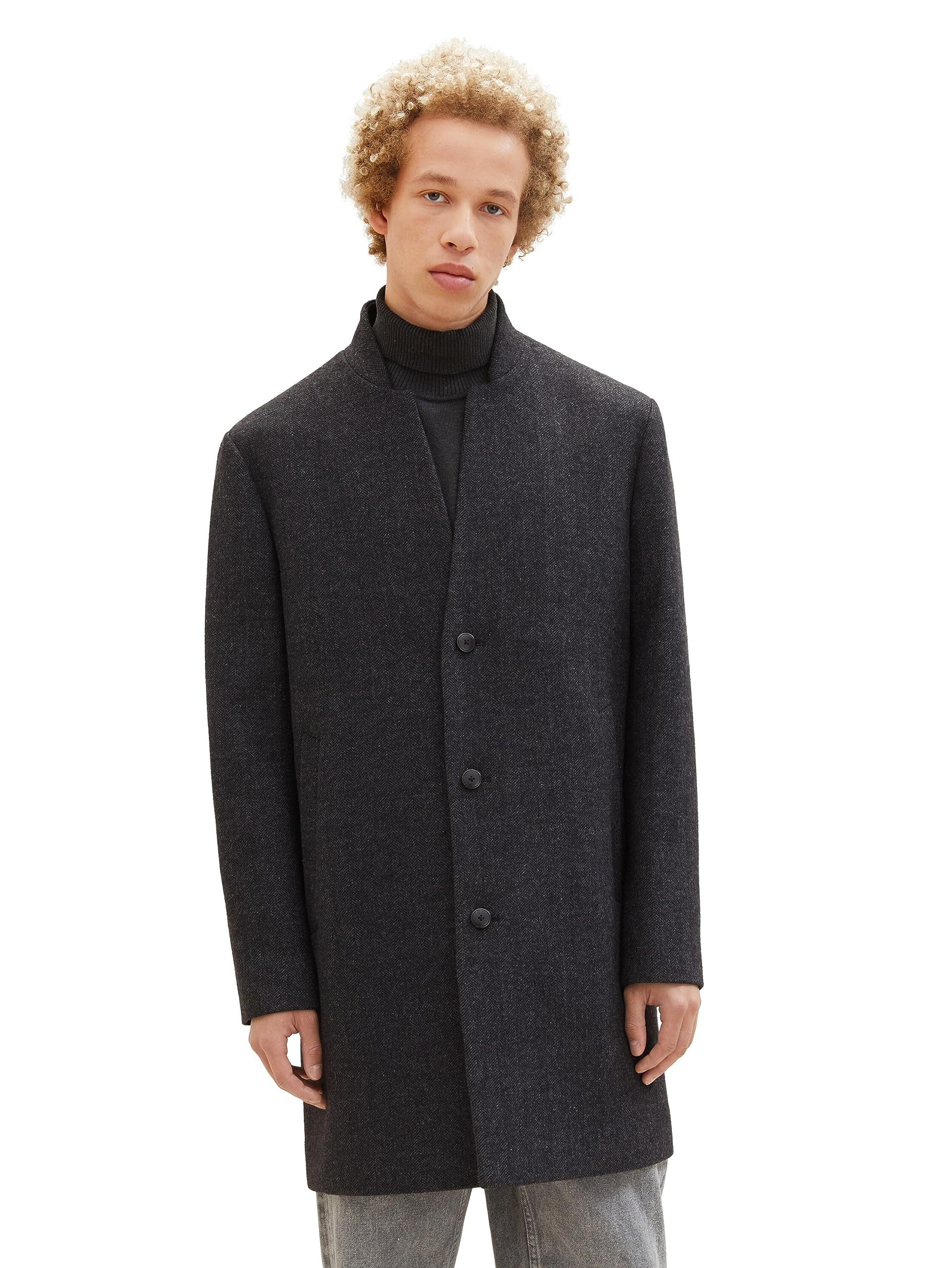 TOM TAILOR Denim Herren 3-Knopf Wollmantel mit Stehkragen