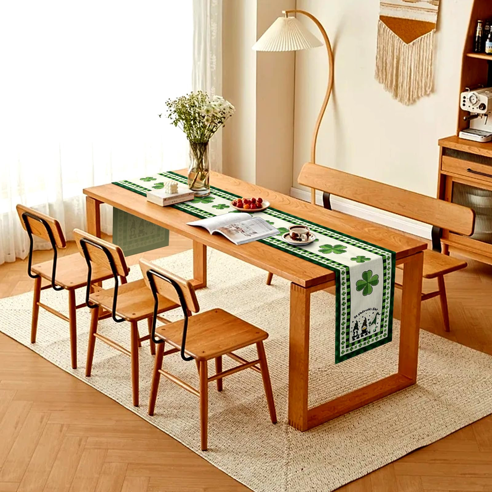 St. Patrick's Day Plaid Gnome Table Runner - Festive Spring Holiday Decor For Kitchen & Dining Table - View #2