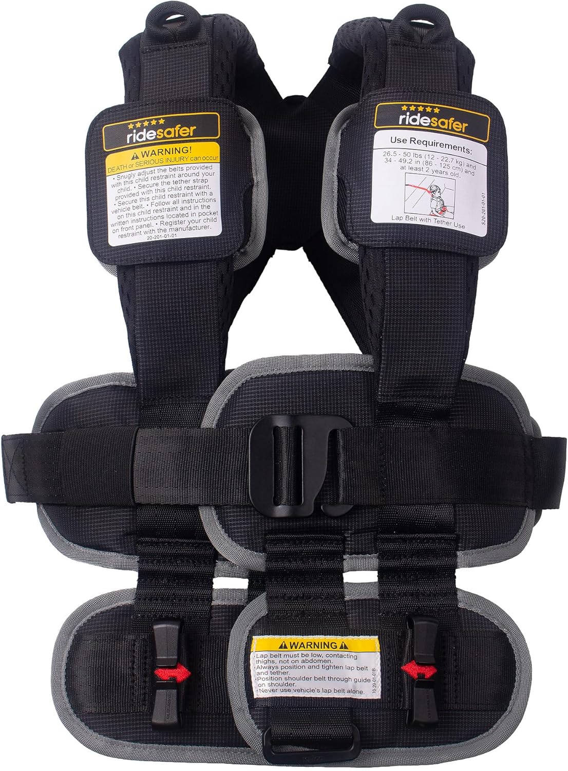 RideSafer Travel Vest Gen 6 - Small (26.5-50 lbs) - Black - Lightweight Portable Child Safety Car Seat for Travel, Rental Cars, Rideshares