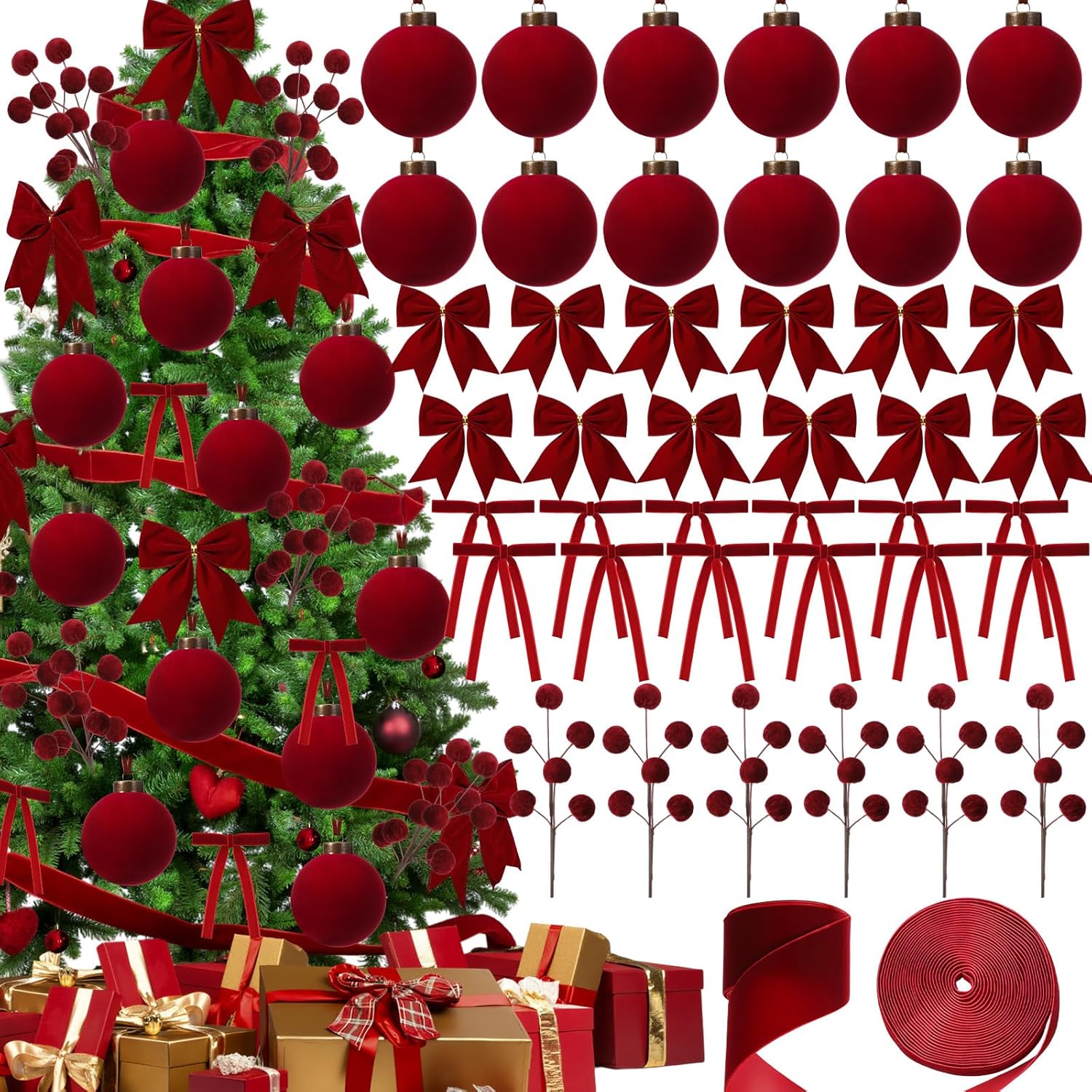 Wettarn 53 Pcs Christmas Velvet Ornaments Kit Include 15 3.15" Velvet Balls, 30 Bows (Wide & Narrow), 1 Wide & 1 Narrow Ribbon (5 yds Each), 6 Flocked Ball Picks for Xmas Decor(Burgundy)