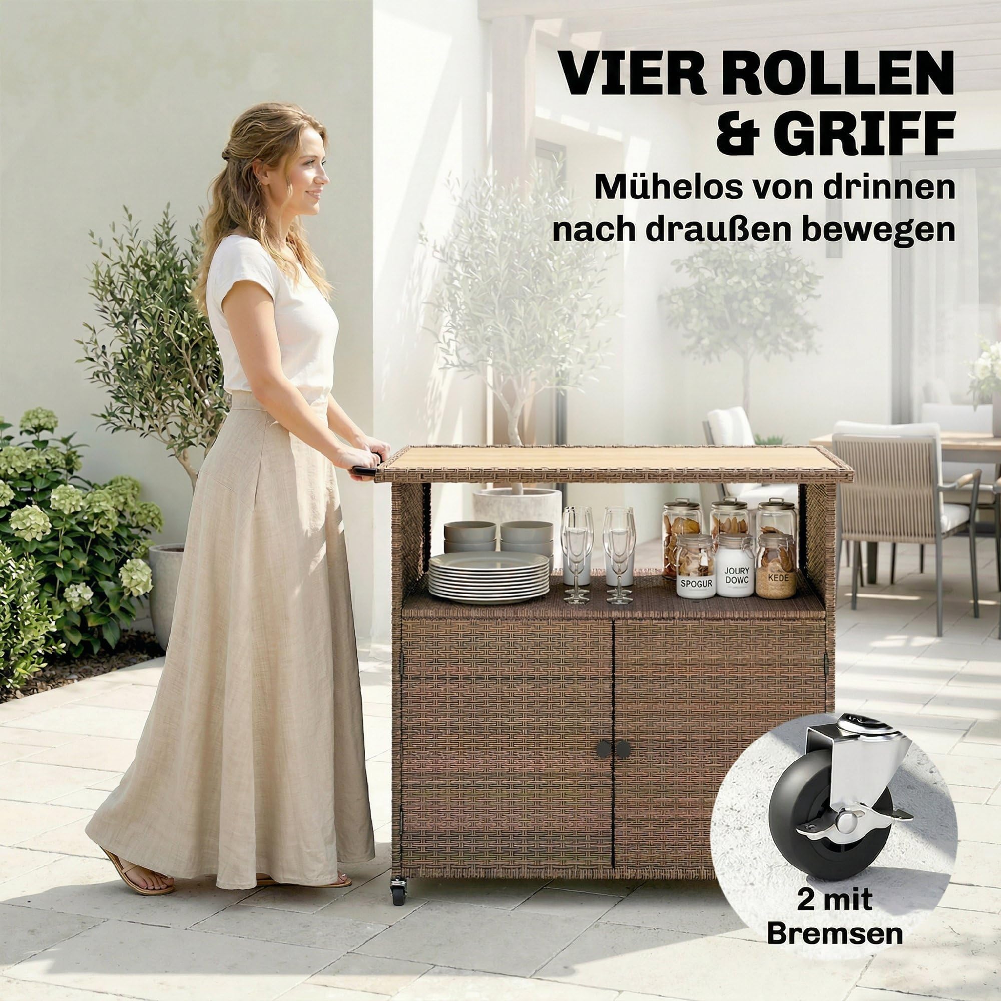 Outsunny Chariot de service en rotin avec plan de travail en bois d'eucalyptus FSC, compartiment de rangement, roulettes, poignée latérale, chariot de bar, chariot de barbecue, chariot d'appoint pour
