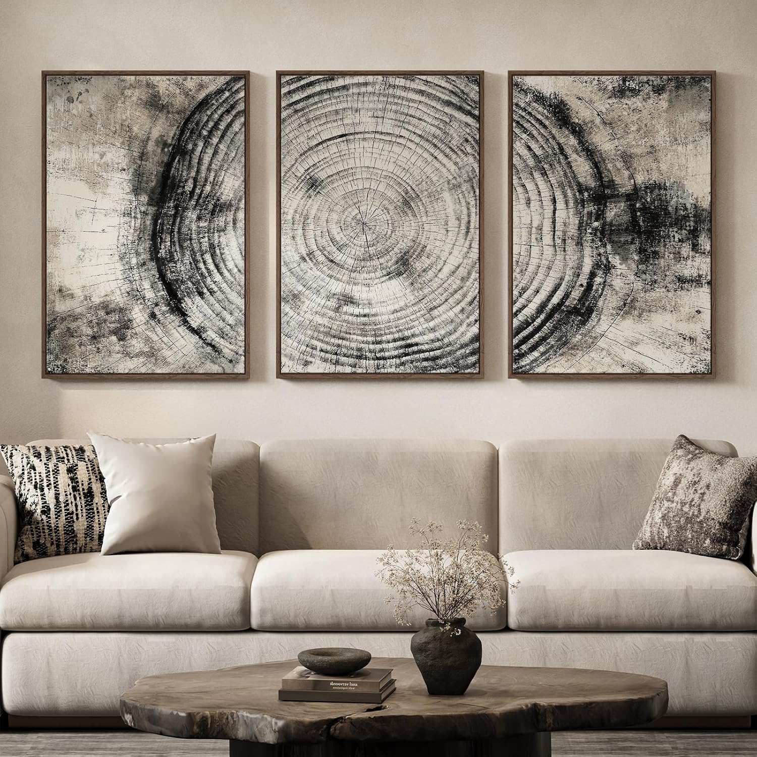 Framed Large Tree Rings Canvas Wall Art, 3 Piece Black and Gray Rustic Farmhouse Wood Stump Prints Artwork, Modern Neutral Paintings Decor for Living Room Bedroom Fireplace 24x36 Inch