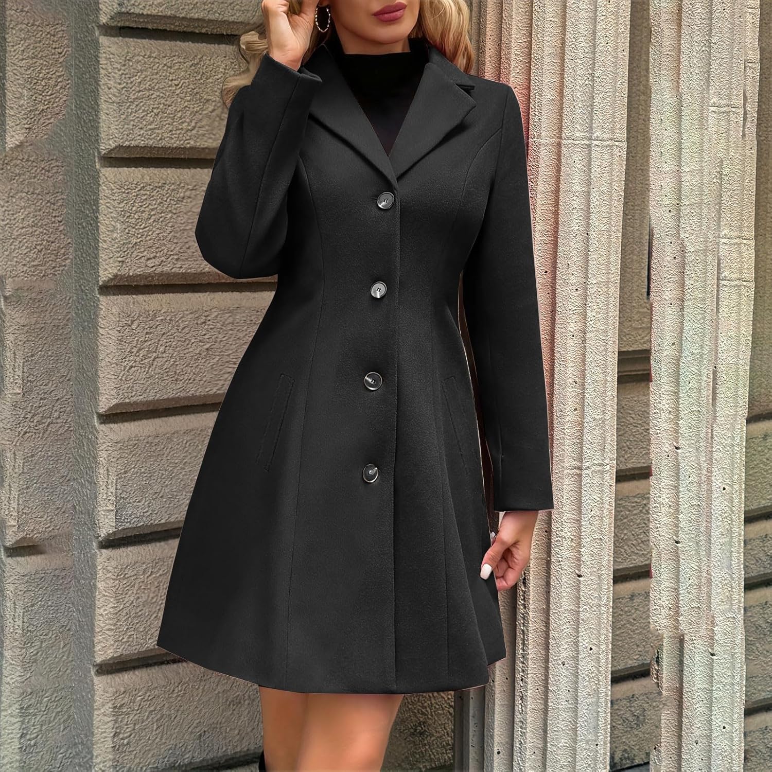 CRNTCEM Womens Long Wool Coat Thicken Single Breasted Trench Coats Classic Notch Lapel Pea Coats Winter Business Overcoat