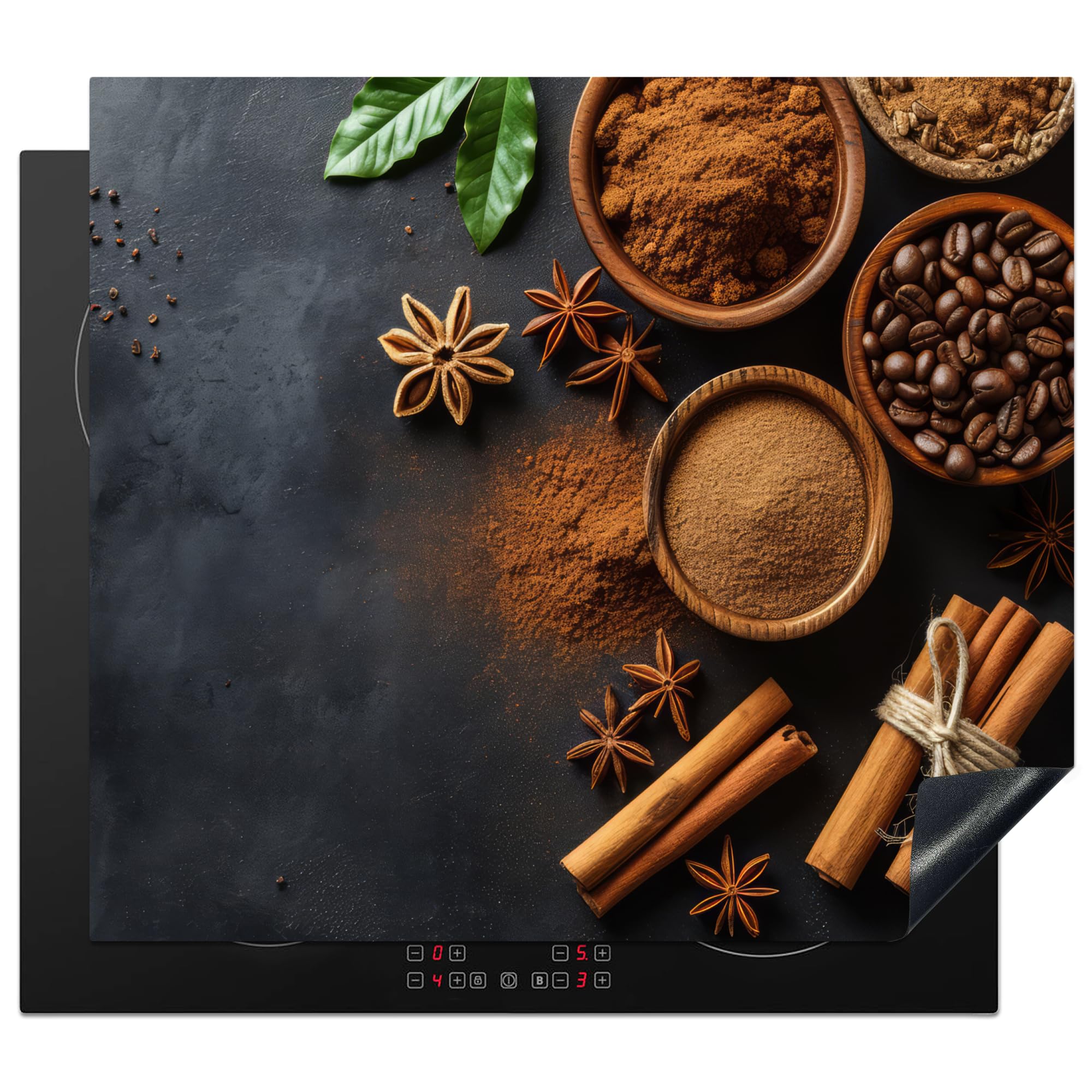 KitchenYeah© Protege Couvre Plaque De Cuisson Deco Cuisine Tapis Protection Protecteur Induction 59x52 cm Cannelle - Béton - Café - Bâtons de cannelle - Épices