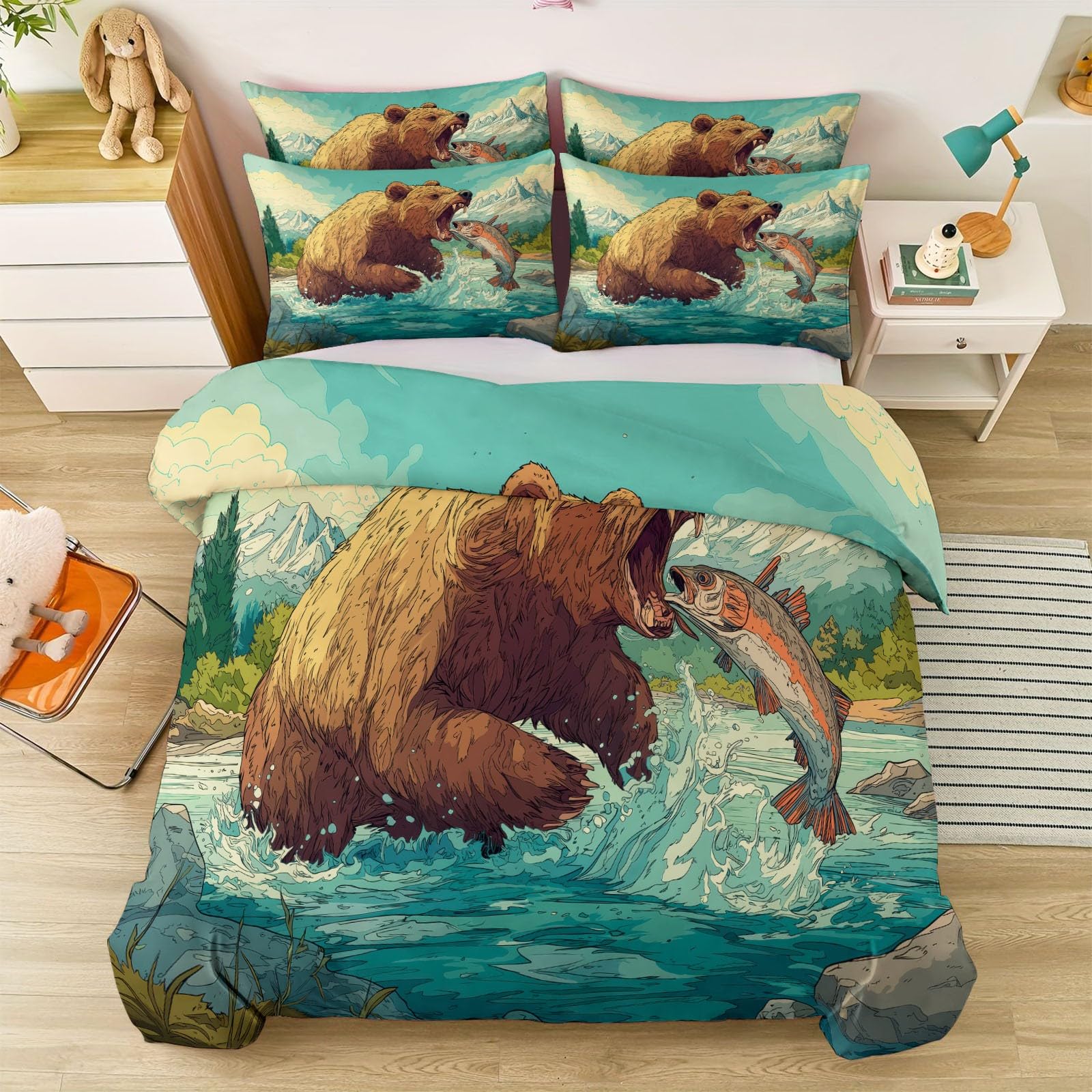 Braun Pościel 200 x 200 cm, 3-częściowa, miękka i nie wymaga prasowania, z mikrofibry, kreskówka, zwierzęta dżungli, niedźwiedź brunatny, komplet 2 poszewek na poduszkę 80 x 80 cm, na prezenty, do