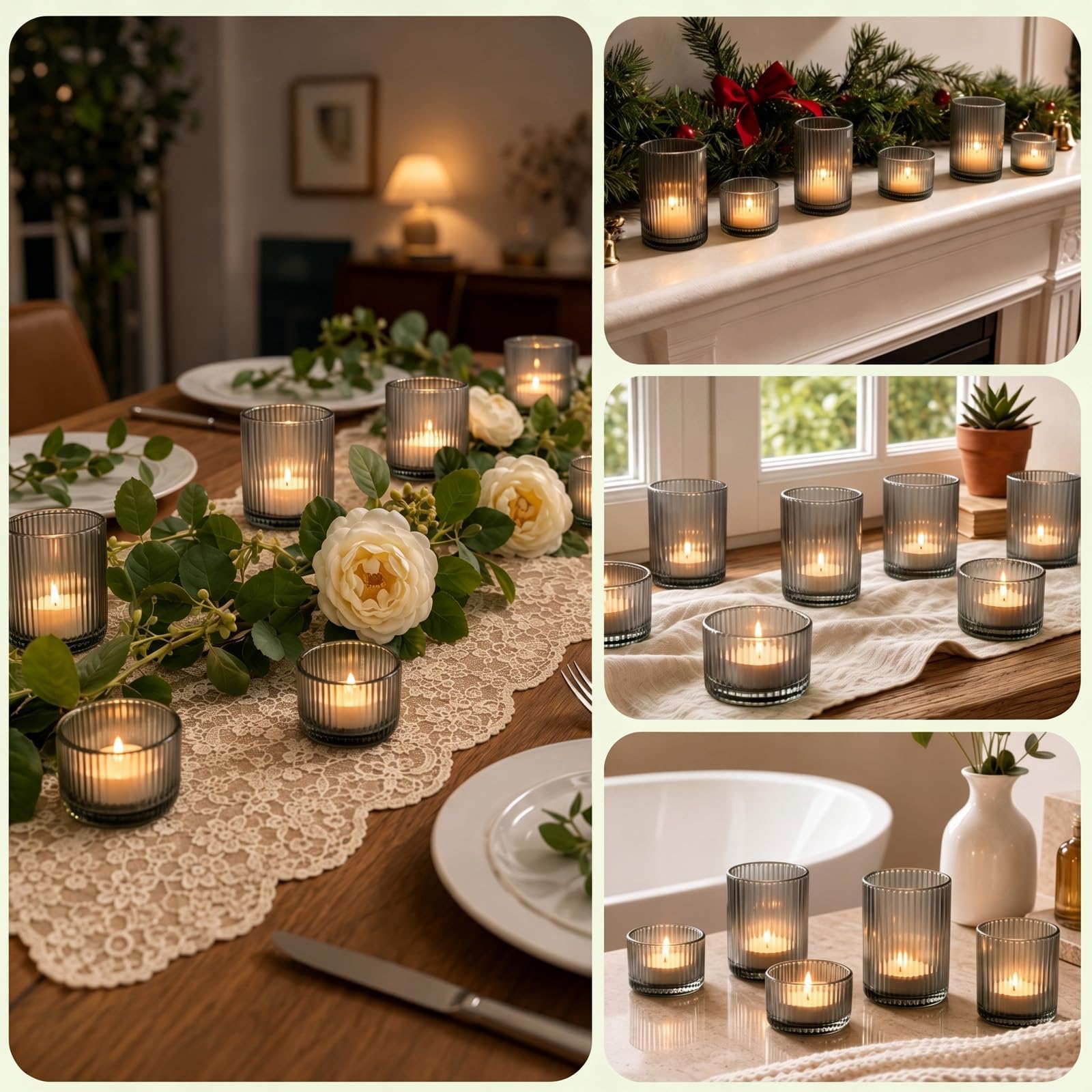 24 Stück Teelichthalter Glas 3,5 x 5,3cm/6,5 x 5,4cm Teelichthalter Grau | Gerippte Dickeres Höheres Hitzebeständig Winddicht für Hochzeiten Geburtstagsfeiern Weihnachten Ostern Halloween Tischdeko