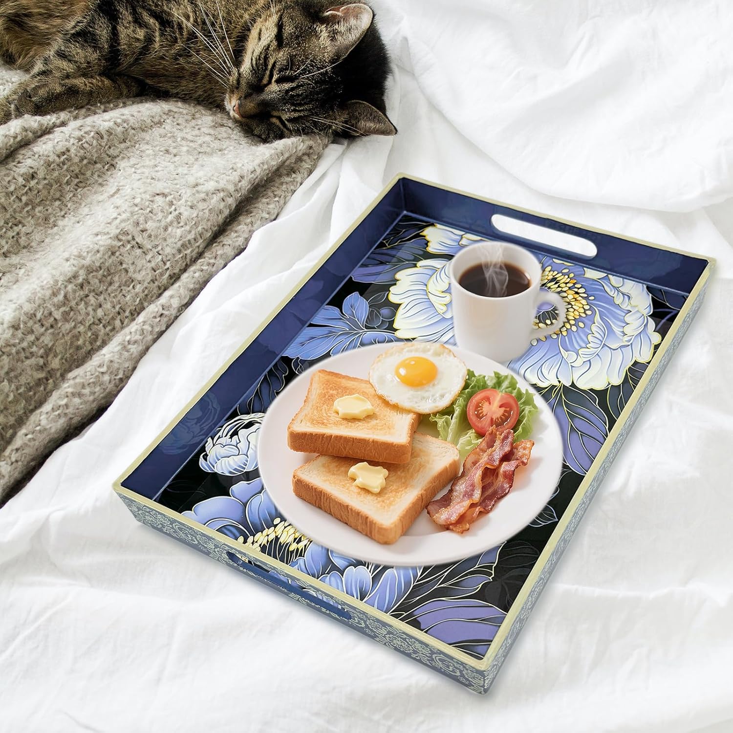 Serving Tray with Handles, 15.7 * 11.8 inches, Plastic Ottoman Tray with Exquisite Paintings, Trays for Coffee Table - Image 5