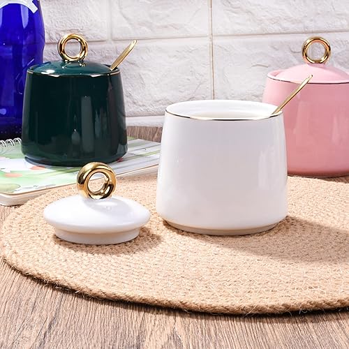 Miniatura 2 de Tazones de azúcar de cerámica con cuchara de acero inoxidable tazón de sal con tapa para el hogar y la cocina, color blanco