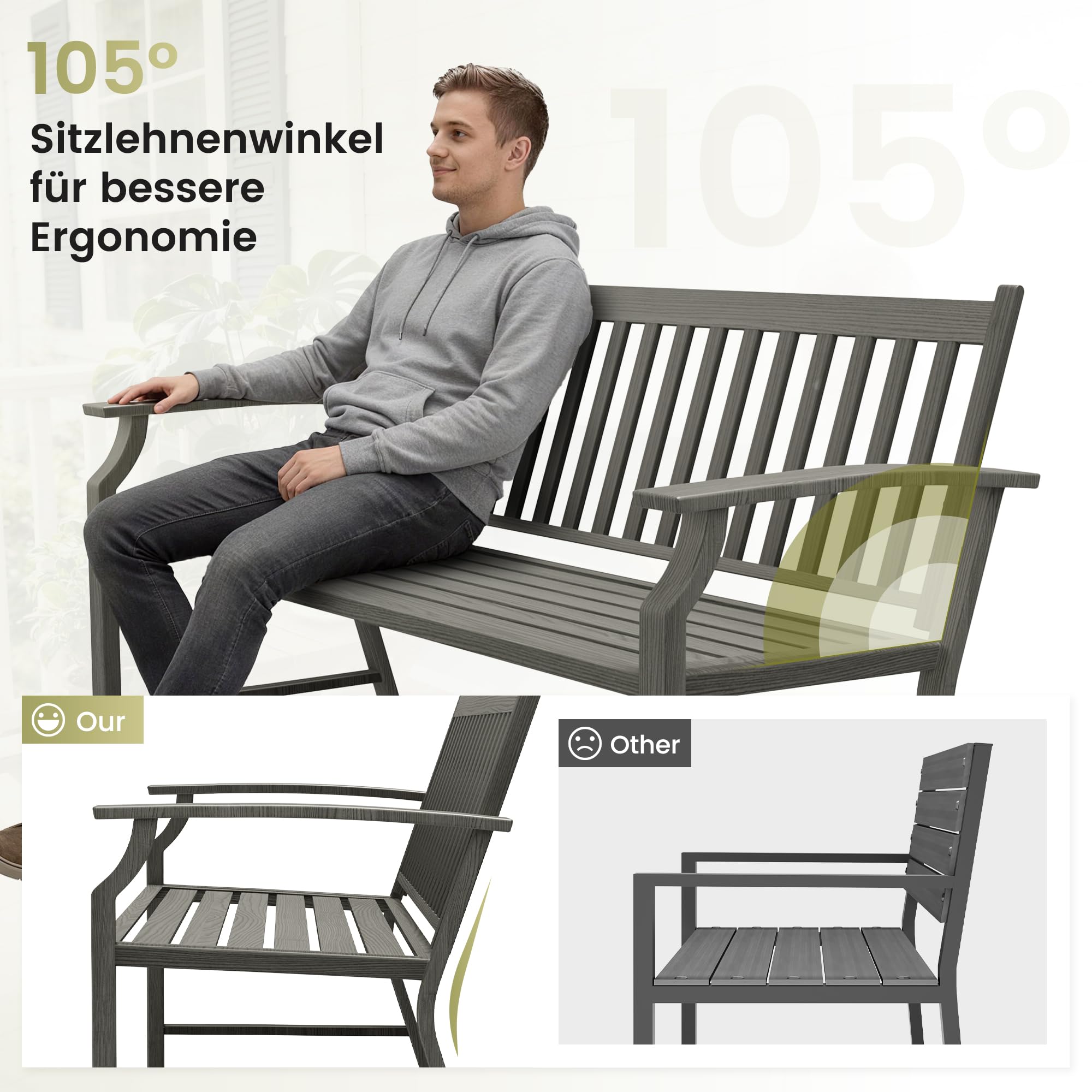 UDPATIO Gartenbank Metall in Holzoptik,Wetterfeste Sitzbank Outdoor,Bank 2–3 Sitzer für Balkon & Garten,Balkonmöbel mit Rücken & Armlehnen(Grau)