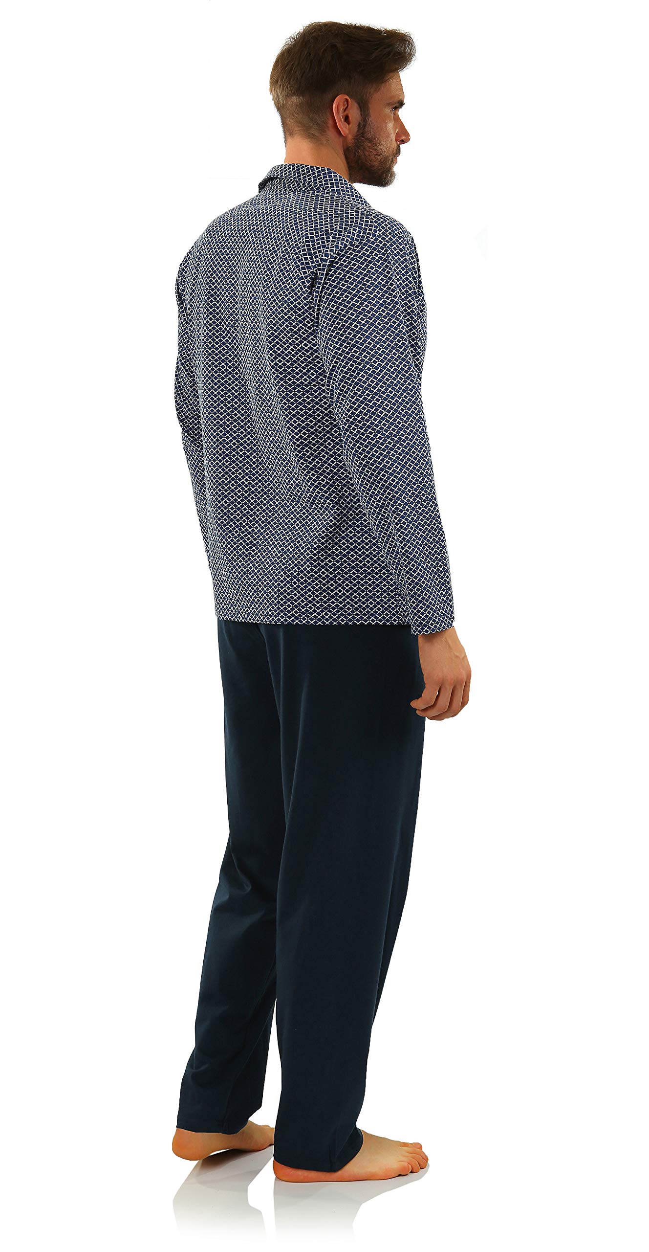 sesto senso Herren Schlafanzug Lang Pyjama Knopfleiste 100% Baumwolle Knöpfe Langarm Shirt Taschen Pyjamahose Zweiteilig Set Nachtwäsche