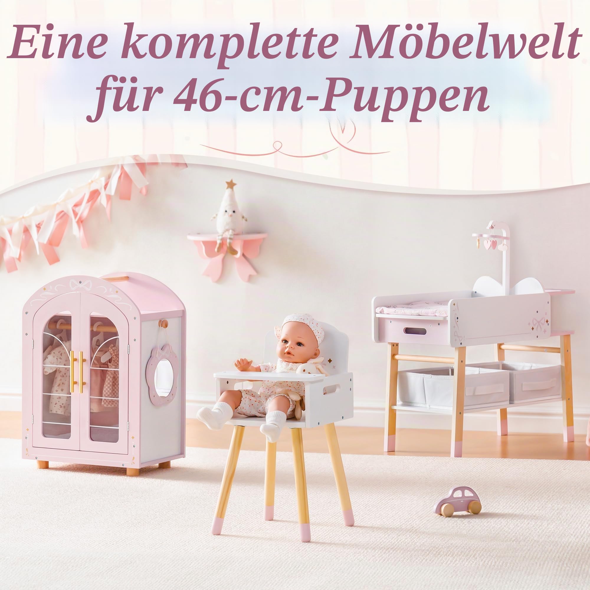 ROBUD Puppen Wickeltisch mit Hochstuhl für 45 cm Puppen, 2-in-1 Puppenmöbel Holz mit Waschbecken & Aufbewahrung, Puppenwickeltisch Puppenpflege Station, Geschenk für Mädchen ab 3 Jahren