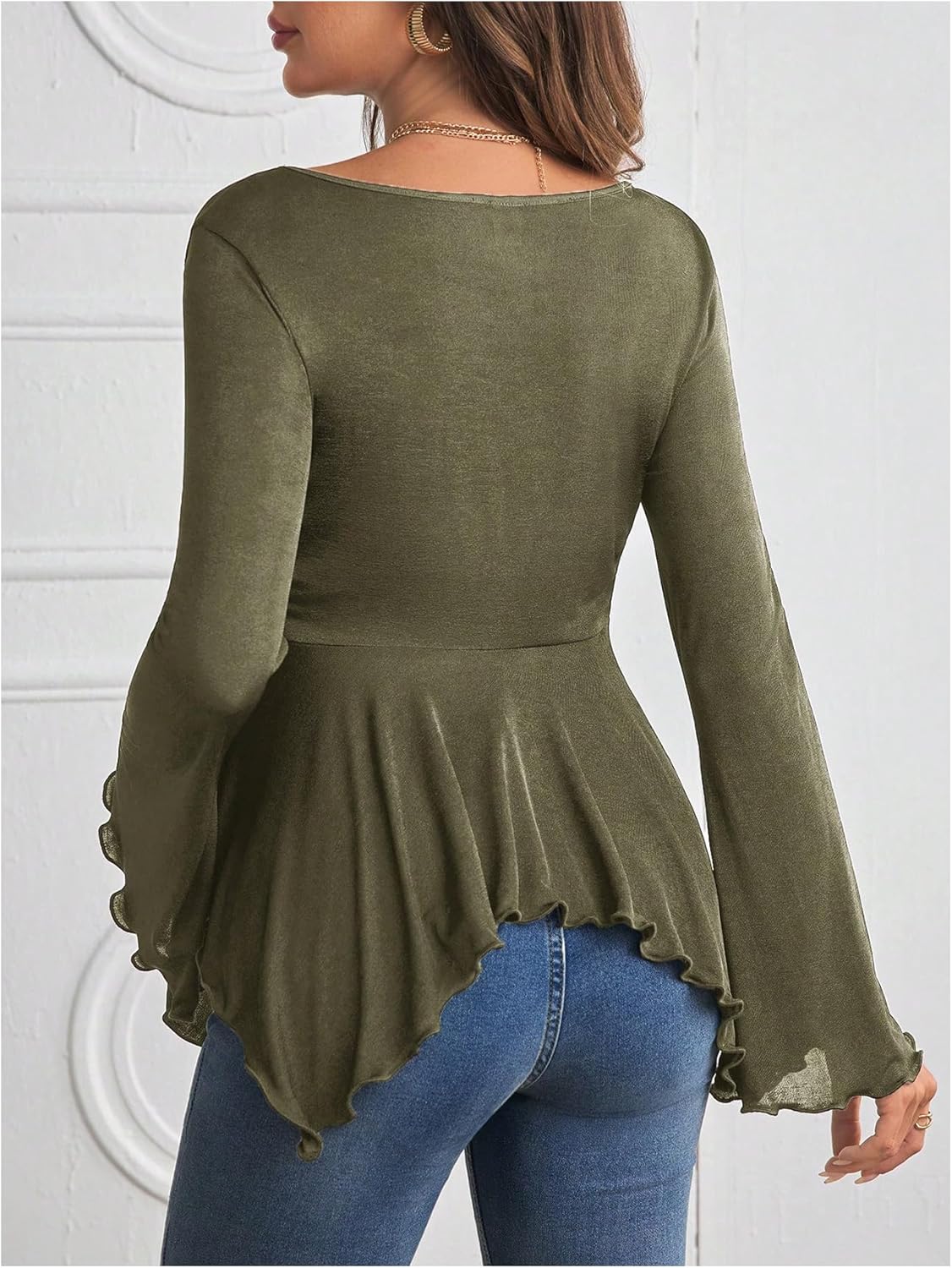 BEAUDRM Women's Maternity Shirts Bell Long Sleeve Pregnancy Tops Ruched V Neck Asymmetrical T-Shirt