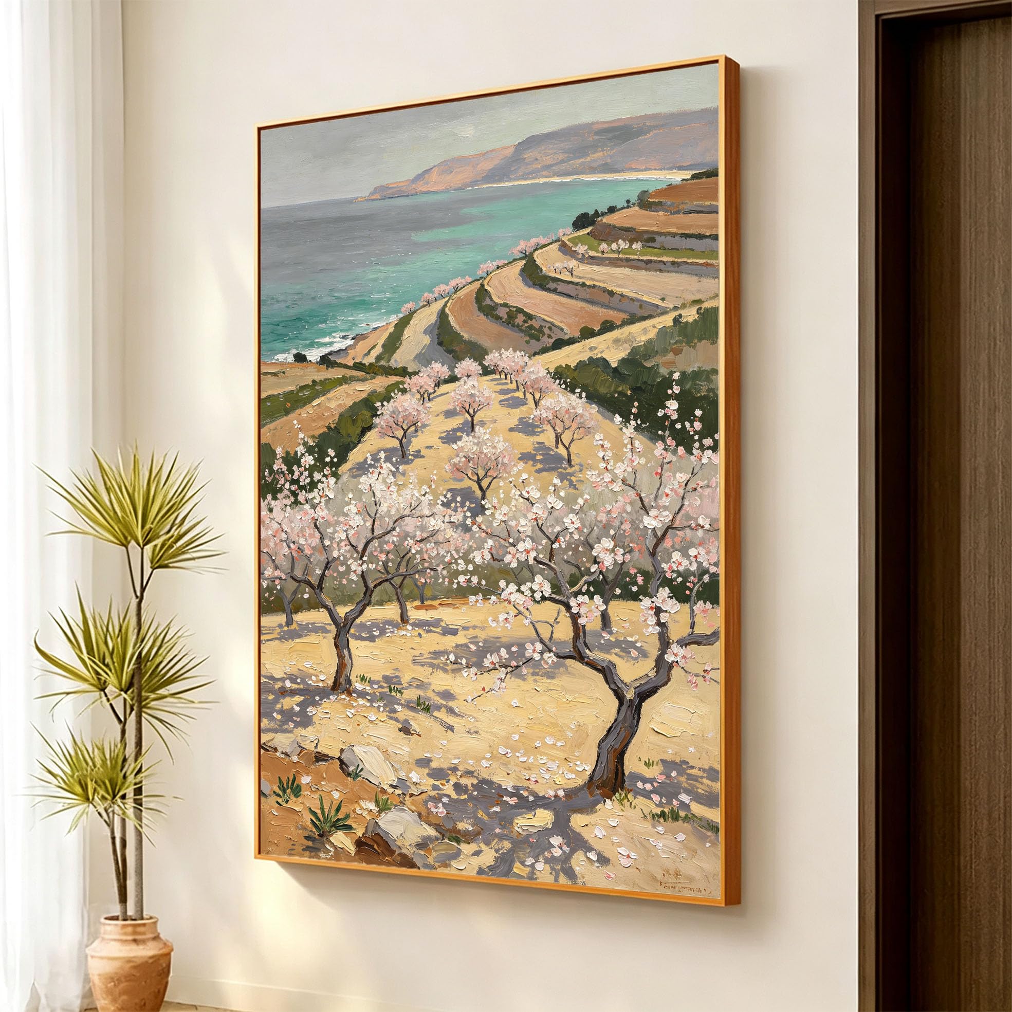 Wandbild Küstenlandschaft Ölgemälde 100% Handgemaltes Ölgemälde Pfirsichblütenwald Rahmenlose Leinwand Wandkunst Für Wohnzimmer Heimdekorationen 50X70Cm (20X28Inch)