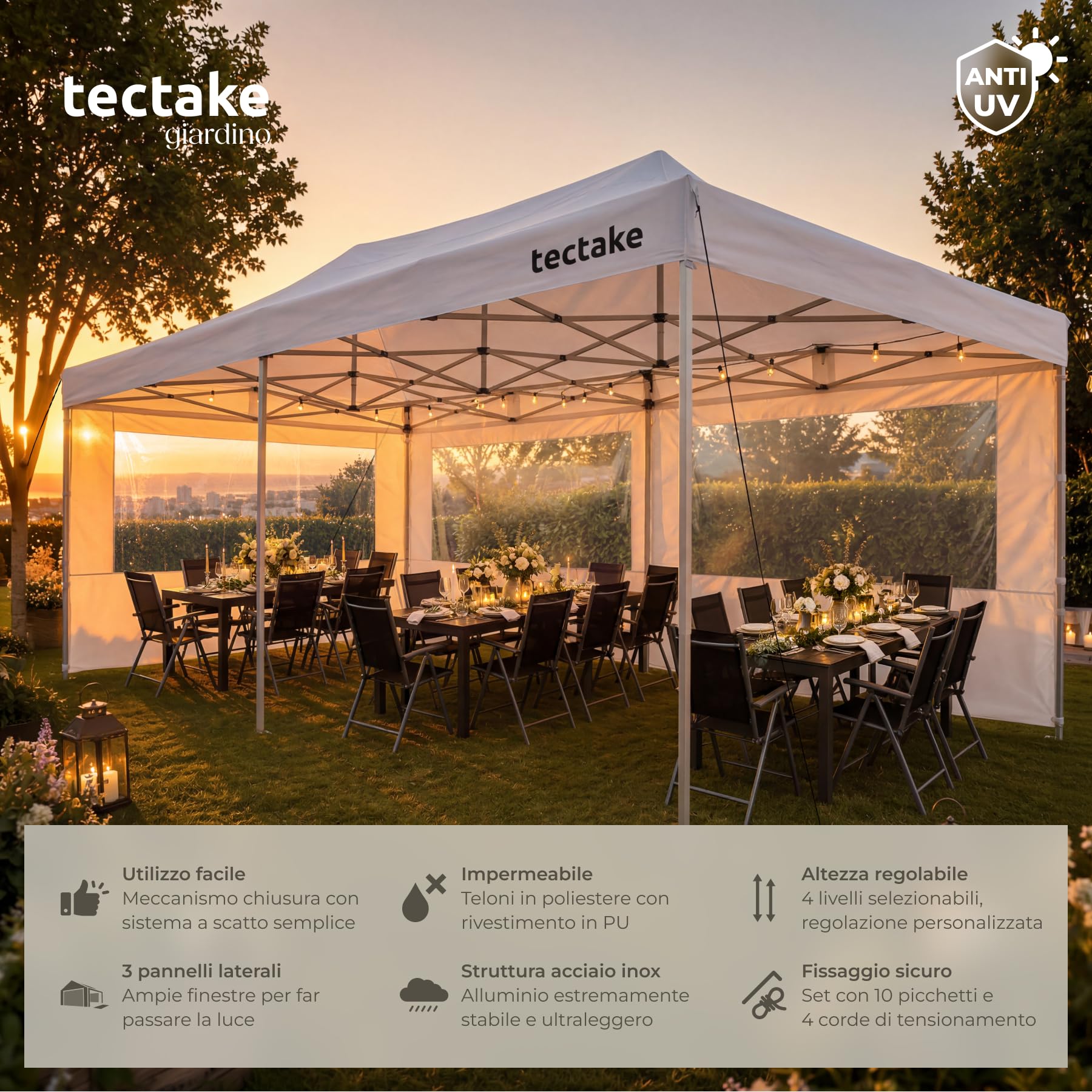 tectake® Gazebo esterno resistente 3X6 cm, Gazebo 3X6 Pieghevole, Telo Impermeabile Protezione UV, Chiusura Scorrevole, Regolabile in 4 Posizioni, 4 Corde e 10 Picchetti, Borsa da trasporto - Bianco