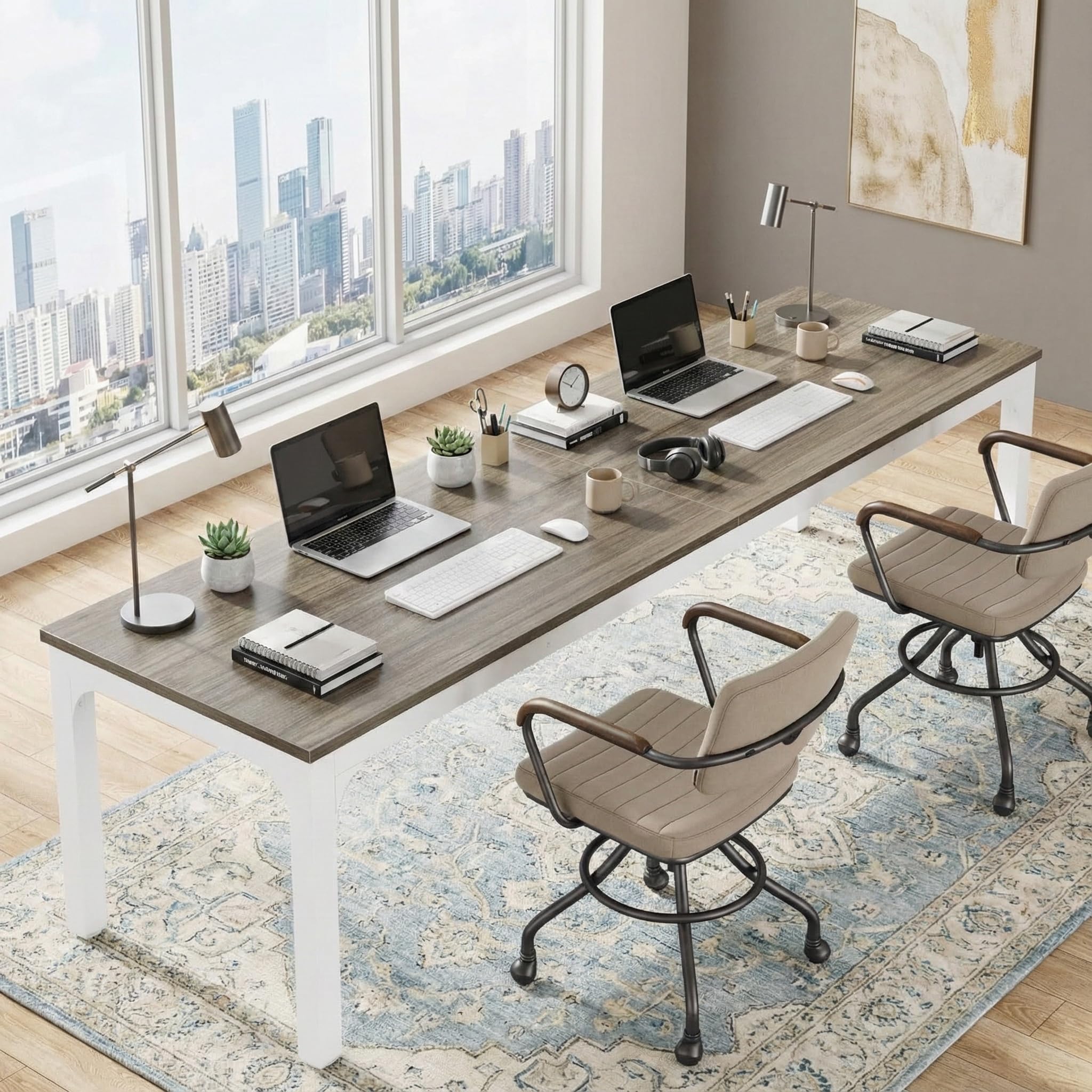Lailang 200cm Scrivania, Workstation Per Due Persone, Scrivania In Legno Rovere, Tavolo Ufficio Riunioni, Scrittoio Pc Gaming, Scrivania Bianca Lunga, 200 x 70 x 75 cm, Rovere Bianco