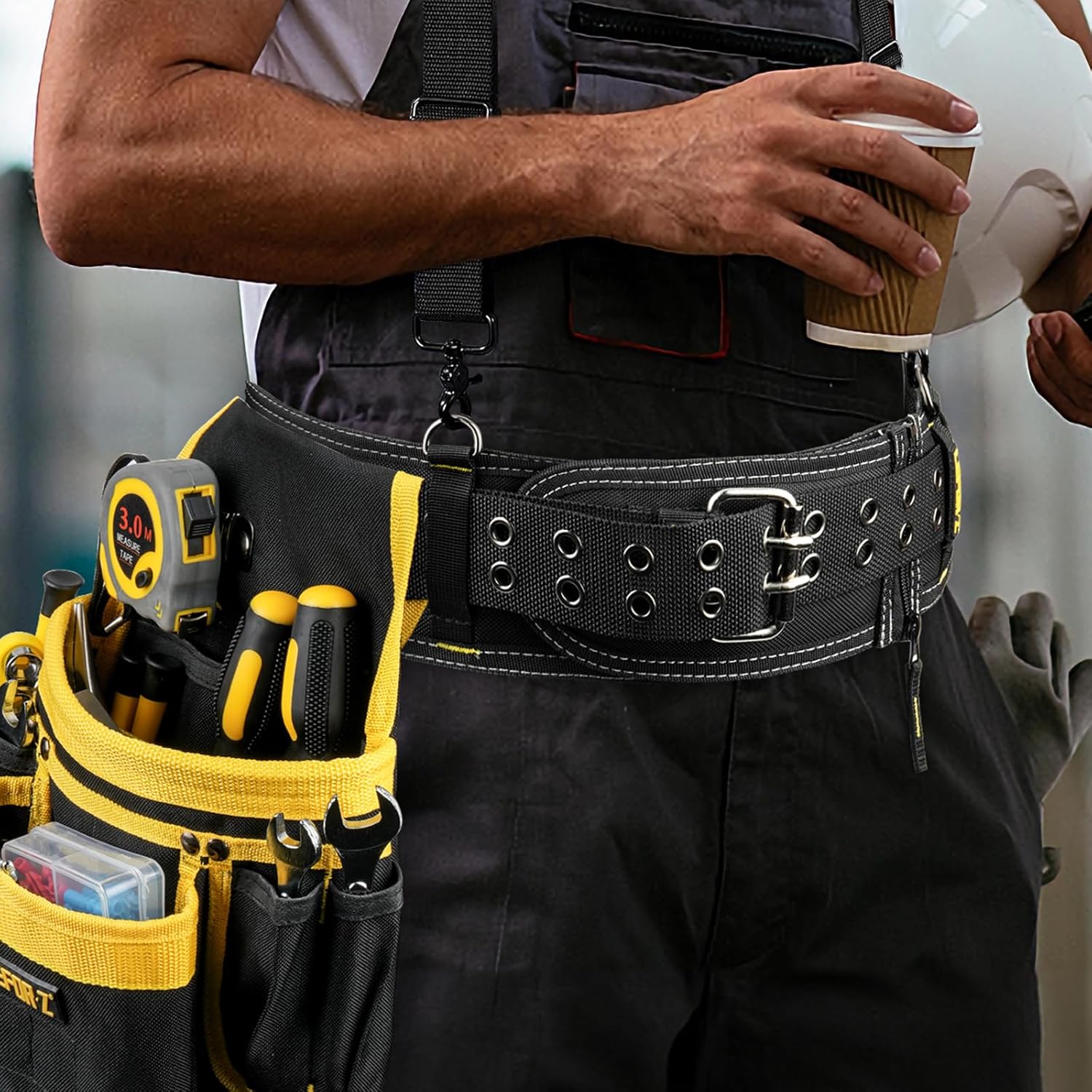 Padded Tool Belt,4-Inch Heavy Duty Tool Belts for Men with 5 Suspenders Ring,Work Belts for Electrician,Carpenter,Construction,Utility Belt,Adjustable Waist 34''-47''(Pouch not Included)