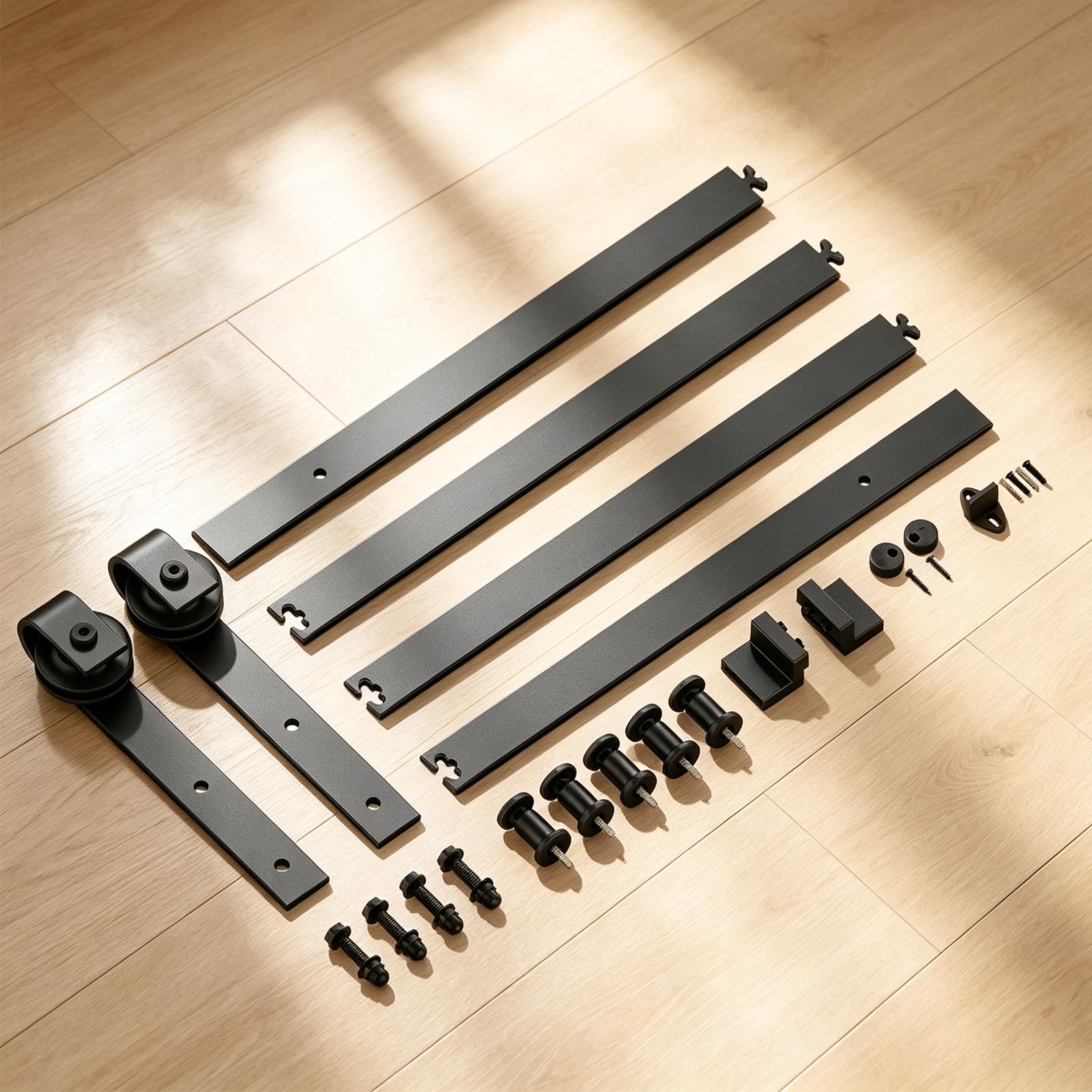 Kit complet de porte coulissante 200 cm, pour un poids de porte jusqu'à 150 kg, largeur de porte 85-95 cm et épaisseur 35-45 mm, avec glissière, roulettes, guidage au sol, acier au carbone noir